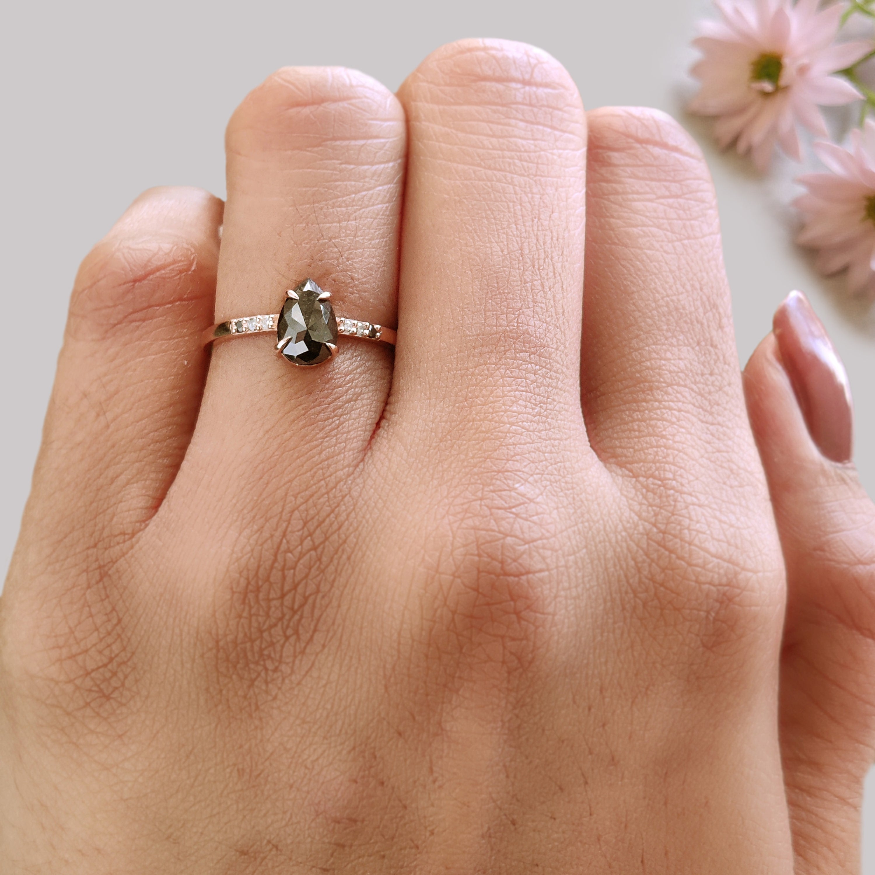 0.89 Ct Pear Shape Black Color Diamond Ring 7.65 MM Pear Cut Diamond Ring 14K Solid Rose Gold Silver Engagement Ring Gift For Her KDN1754