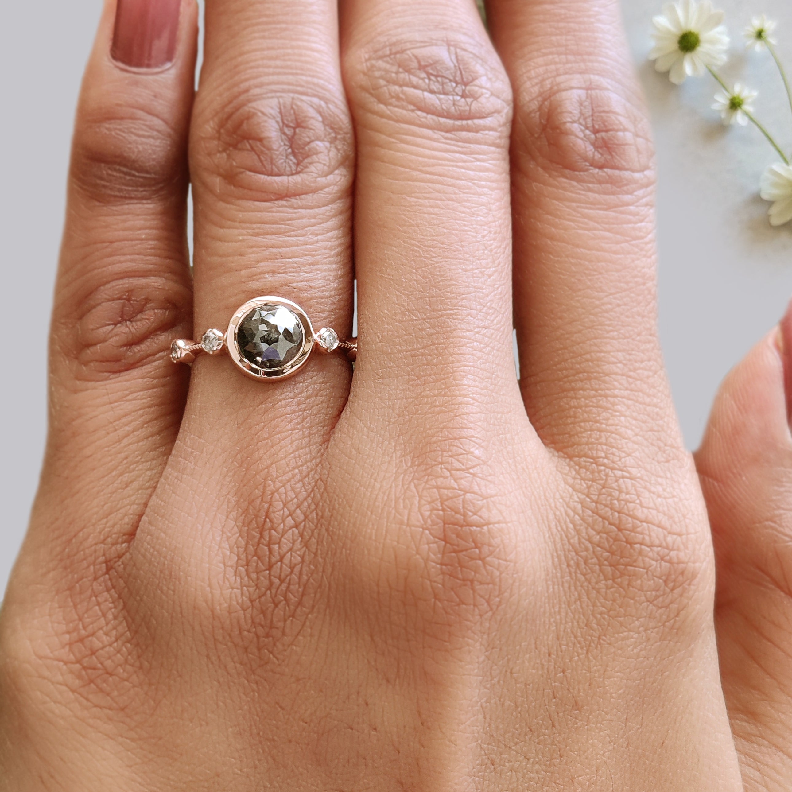 Round Rose Cut Salt And Pepper Diamond Ring 1.23 Ct 6.80 MM Round Cut Diamond Ring 14K Rose Gold Silver Engagement Ring Gift For Her KDL1167