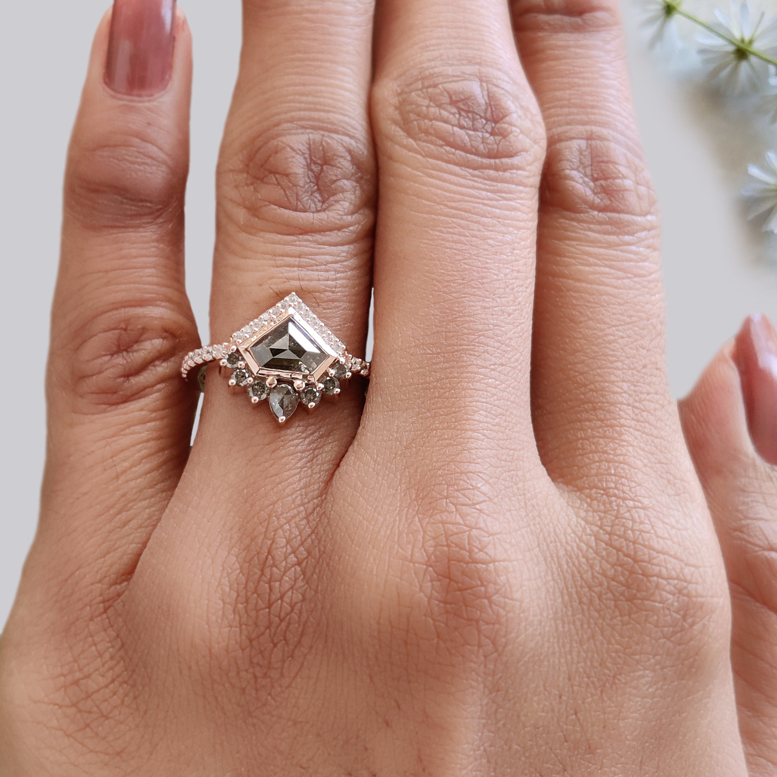 0.90 Ct Natural Shield Shape Salt And Pepper Diamond Ring 5.55 MM Shield Cut Diamond Ring 14K Solid Rose Gold Silver Engagement Ring KDN767