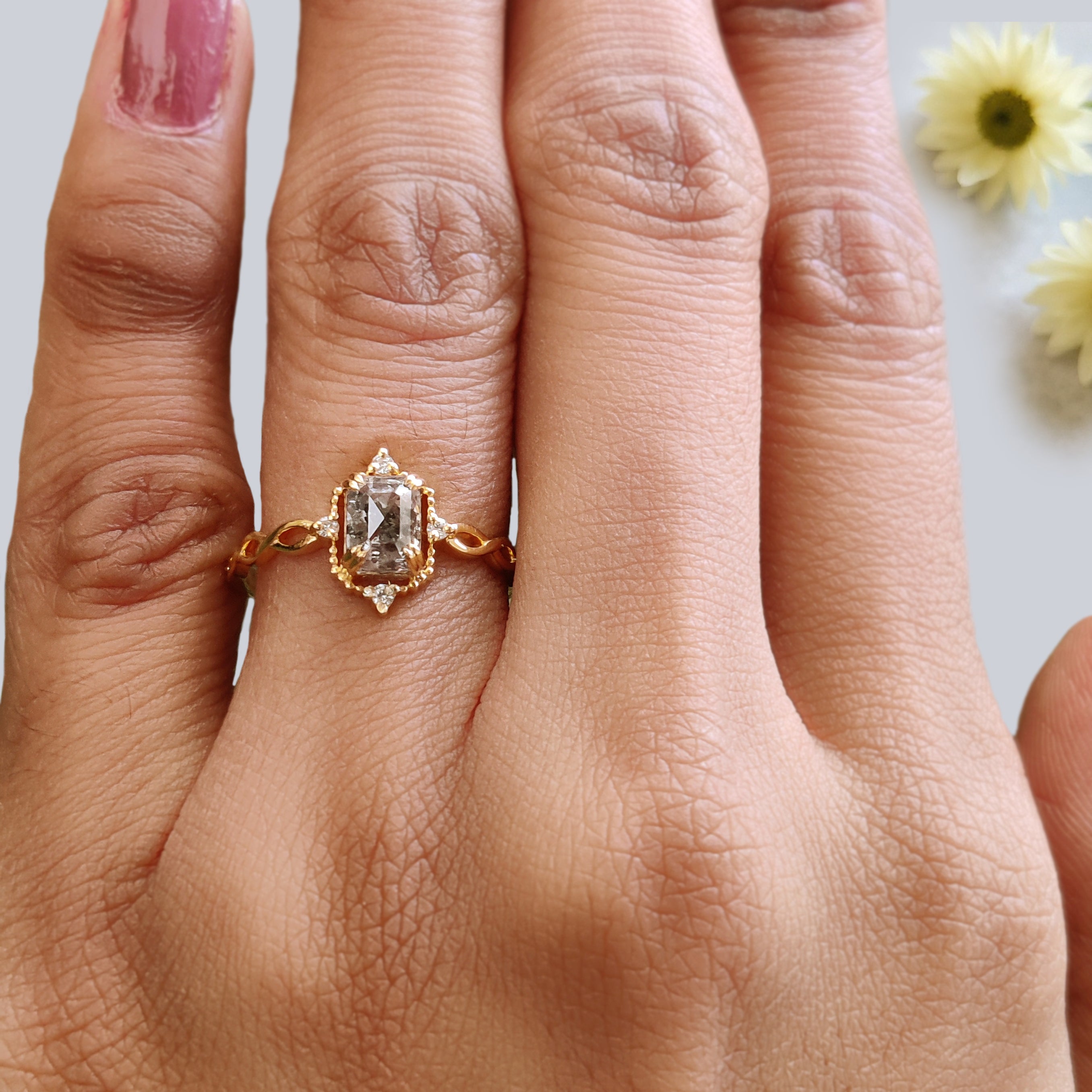 Emerald Salt And Pepper Diamond Ring 0.94 Ct 5.88 MM Emerald Diamond Ring 14K Solid Yellow Gold Silver Engagement Ring Gift For Her KDL9559