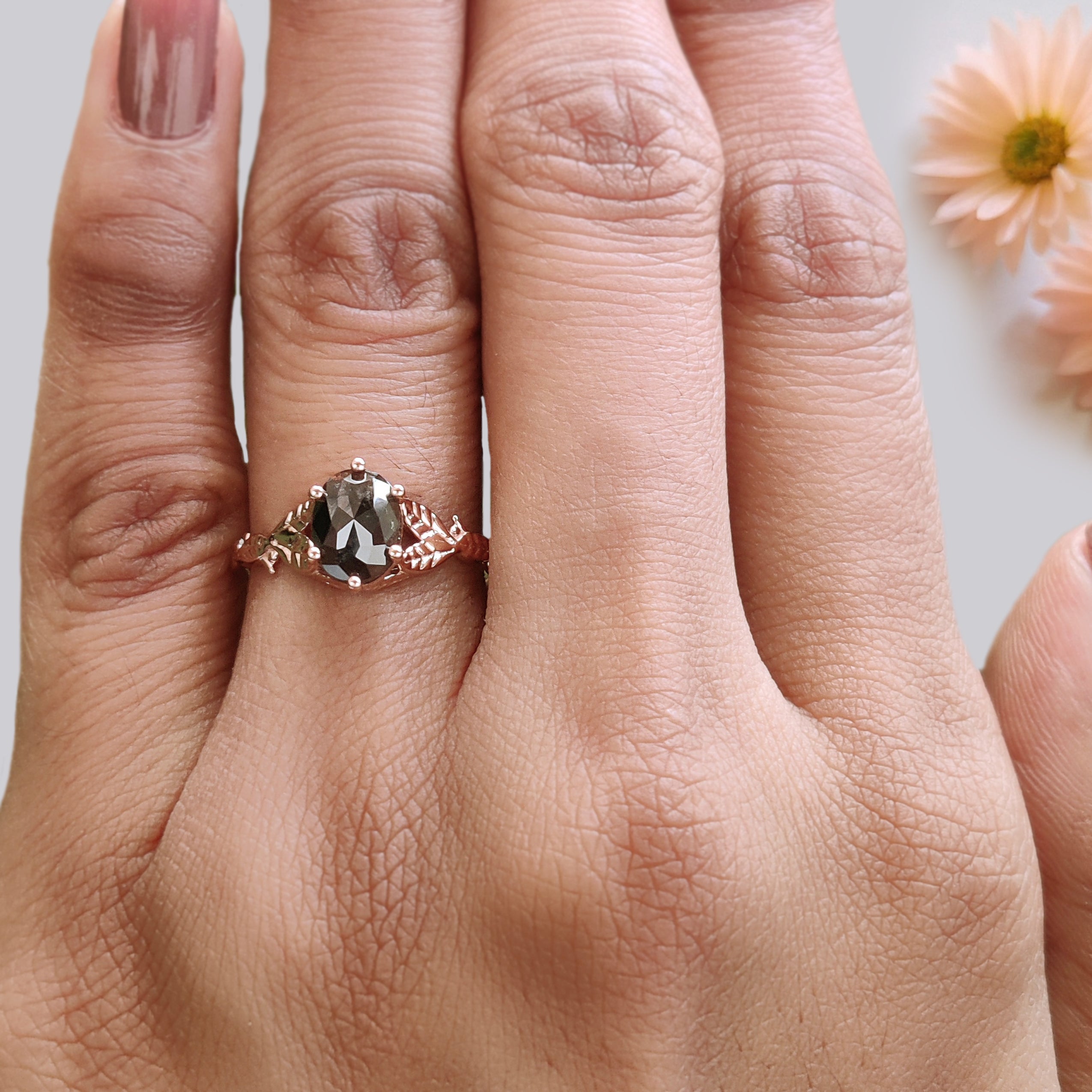 Oval Salt and Pepper Diamond Engagement Ring, 14K Rose Gold Oval Diamond Ring, Rustic Leaf Band, Unique Bridal Ring, Gift for Her KDN1313
