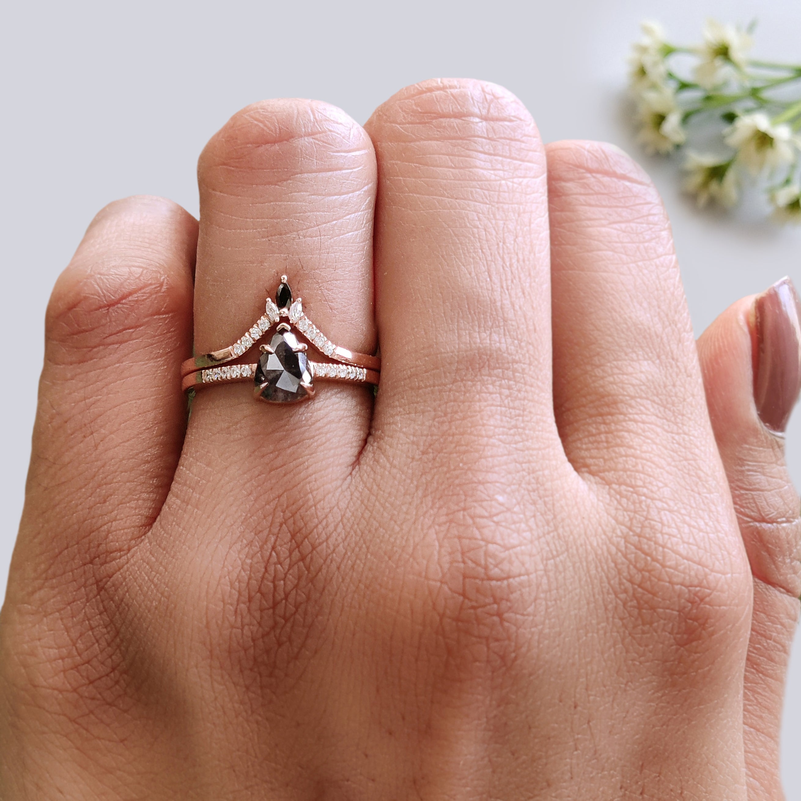 Pear Cut Salt and Pepper Diamond Ring, 14K Rose Gold Pear Engagement Ring, Bridal Set, Unique Pear Shaped Diamond Ring Gift for Her KDN2098