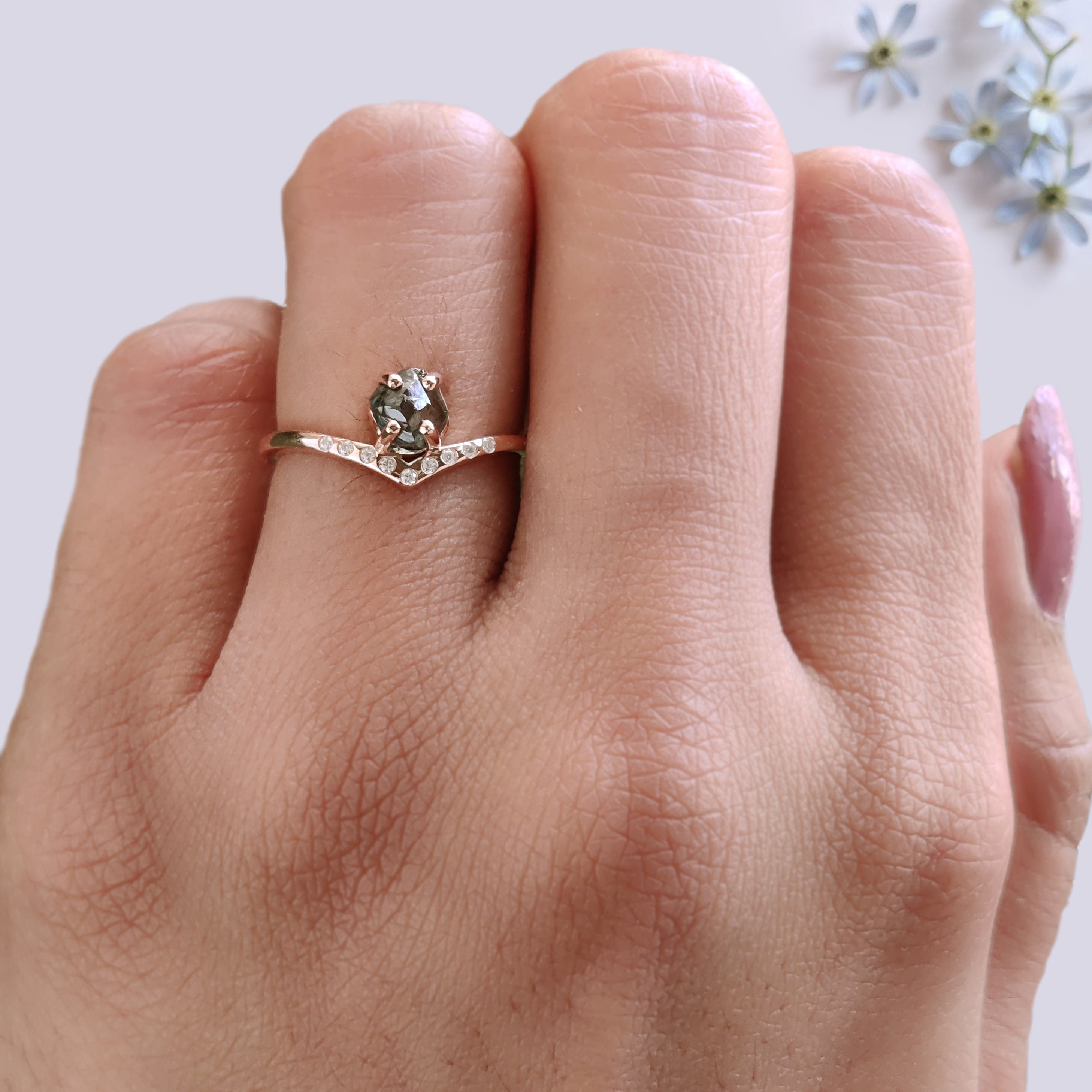 0.97 Ct Natural Rough Cut Blue Color Diamond Ring 5.65 MM Crystal Rough Diamond Ring 14K Solid Rose Gold Silver Engagement Ring QL2347