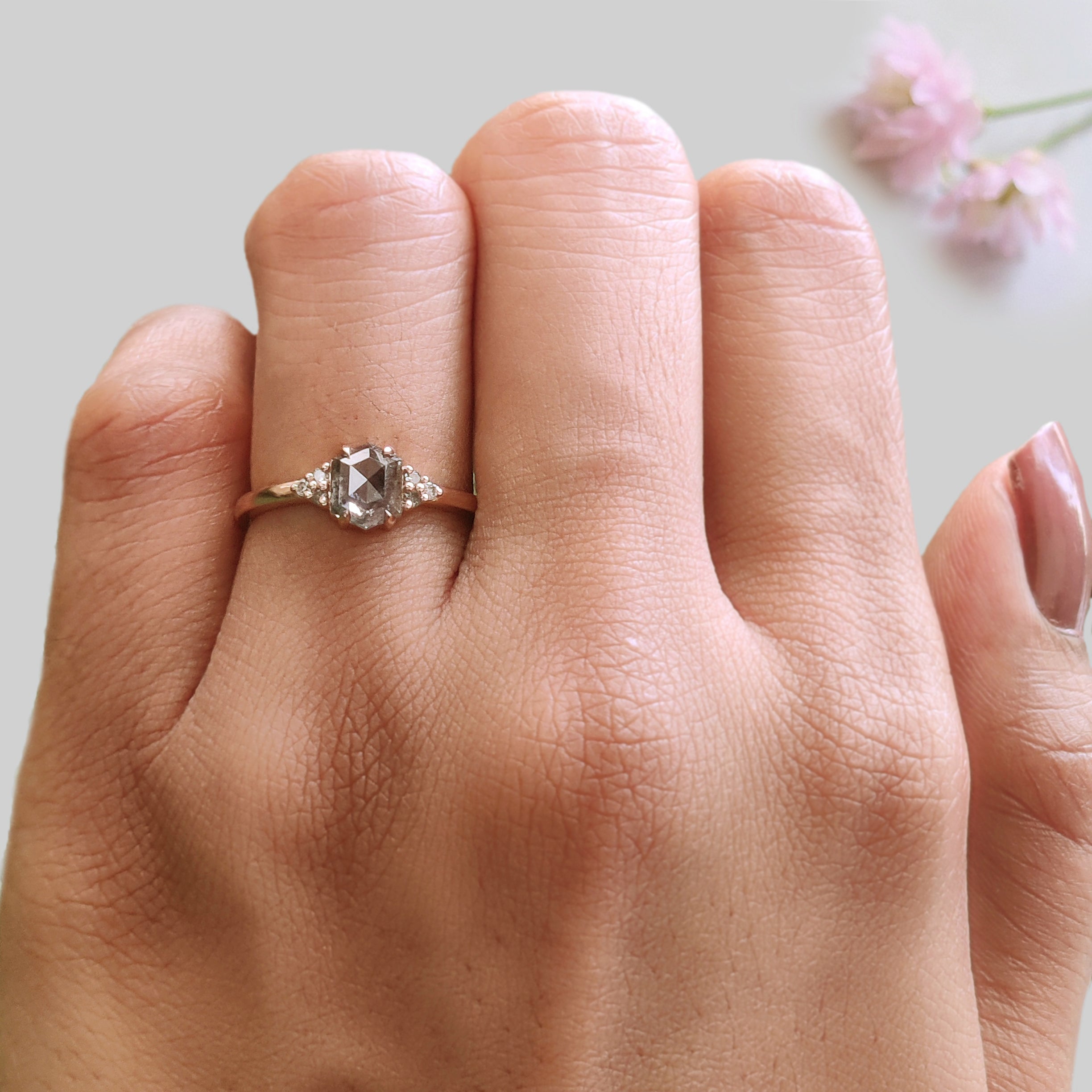 Hexagon Salt and Pepper Diamond Ring, Unique Diamond Engagement Ring, 14K Rose Gold Minimalist Ring, Rustic Bridal Ring, Gift for Her KDL276