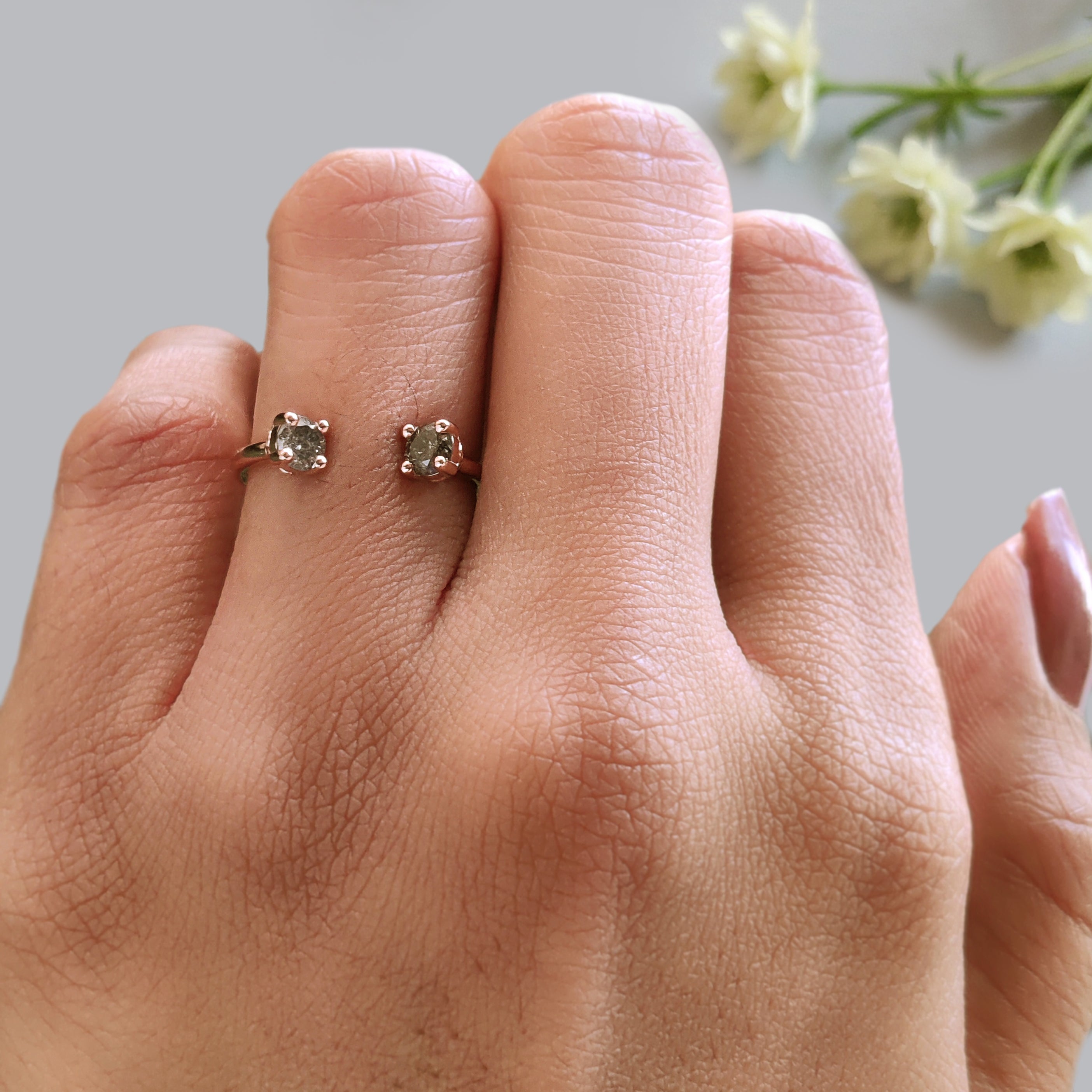 0.40 Ct Natural Round Salt And Pepper Diamond Ring 3.70 MM Open Gap Round Diamond Ring 14K Solid Rose Gold Silver Engagement Ring KDL1062