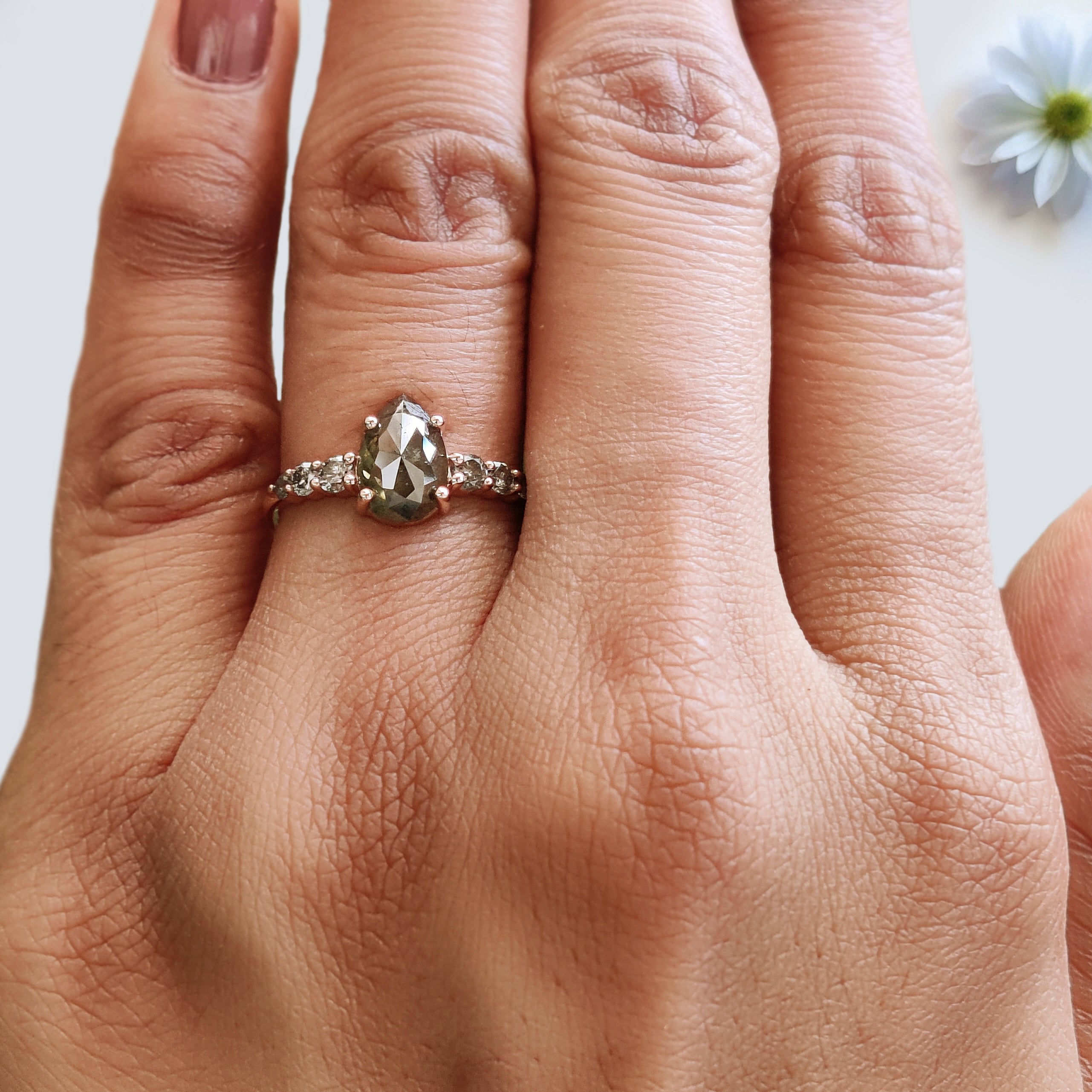 Pear Shape Green Diamond Ring, Rustic Diamond Engagement Ring, 14K Rose Gold Minimalist Ring, Unique Bridal Jewelry, Gift for Her KDK2608