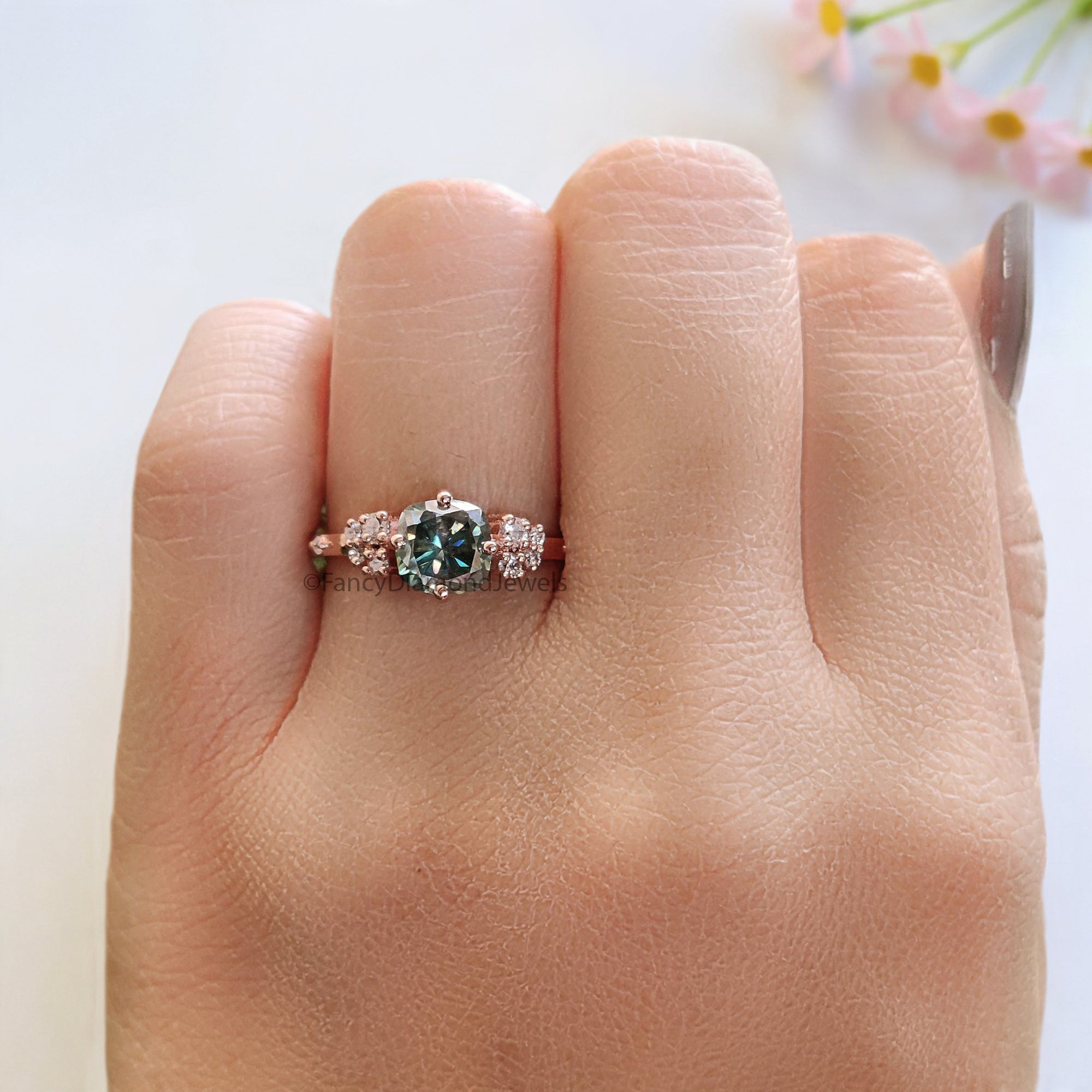Muse Engagement Ring for Women 1.25 TW Cushion Fancy Cut Cyan Blue Moissanite Ring Hidden Halo Ring Wedding Ring for Her Comfort Fit FD08
