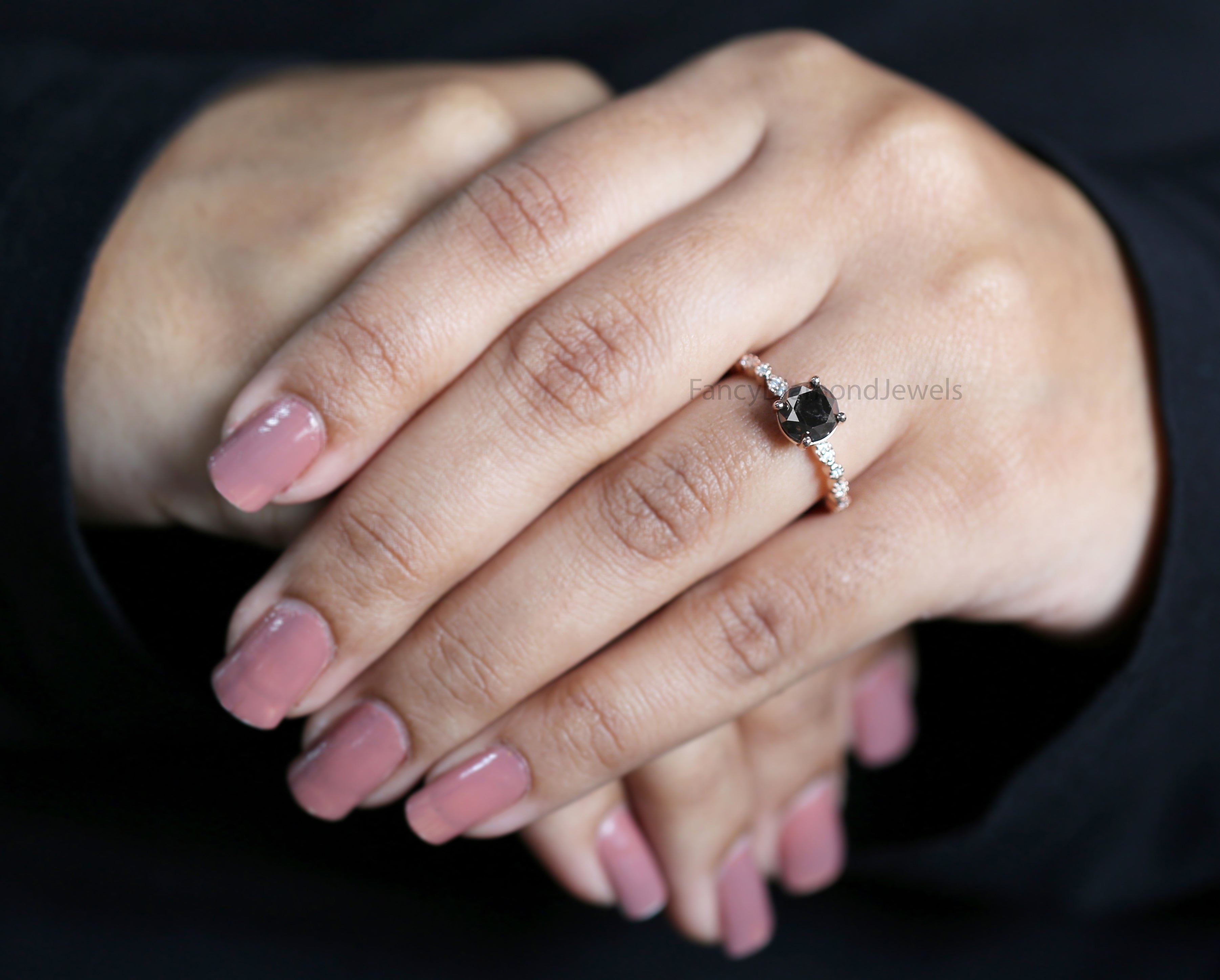 Round Cut Black Color Diamond Ring 1.50 Ct 6.60 MM Round Shape Diamond Ring 14K Solid Rose Gold Silver Engagement Ring Gift For Her QL3070