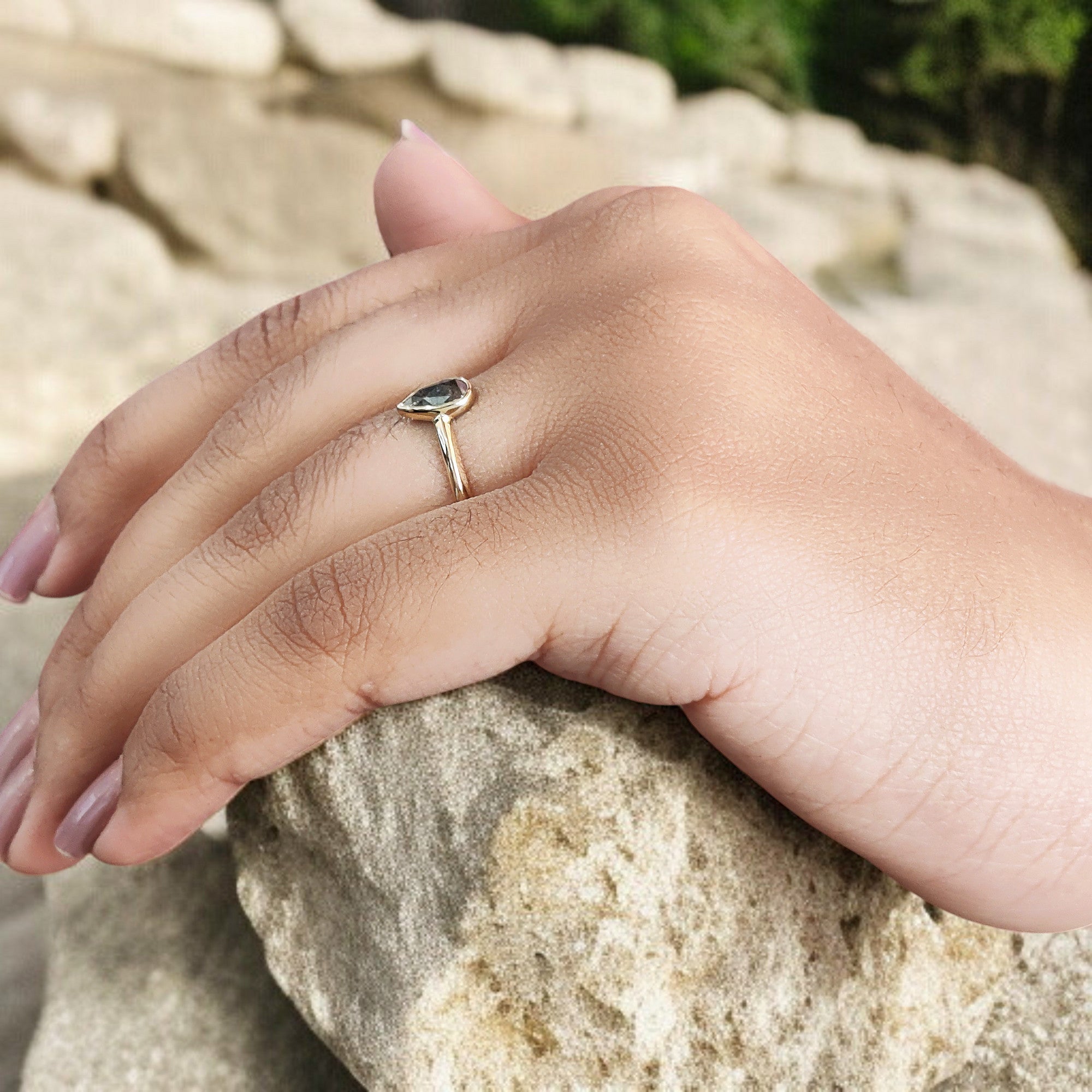 Pear Cut Salt And Pepper Diamond Ring 0.58 Ct 7.05 MM Pear Diamond Ring 14K Solid Yellow Gold Silver Engagement Ring Gift For Her QN9259