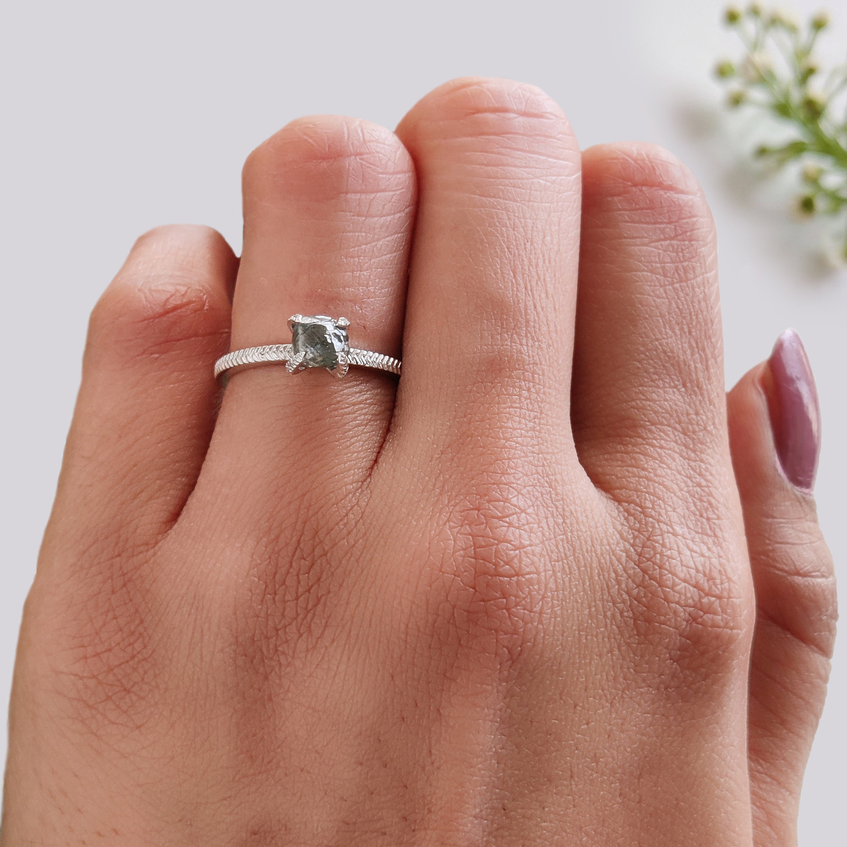 Rough Blue Color Diamond Ring 1.11 Ct 5.85 MM Crystal Rough Diamond Ring 14K Solid White Gold Silver Engagement Ring Gift For Her QL2358