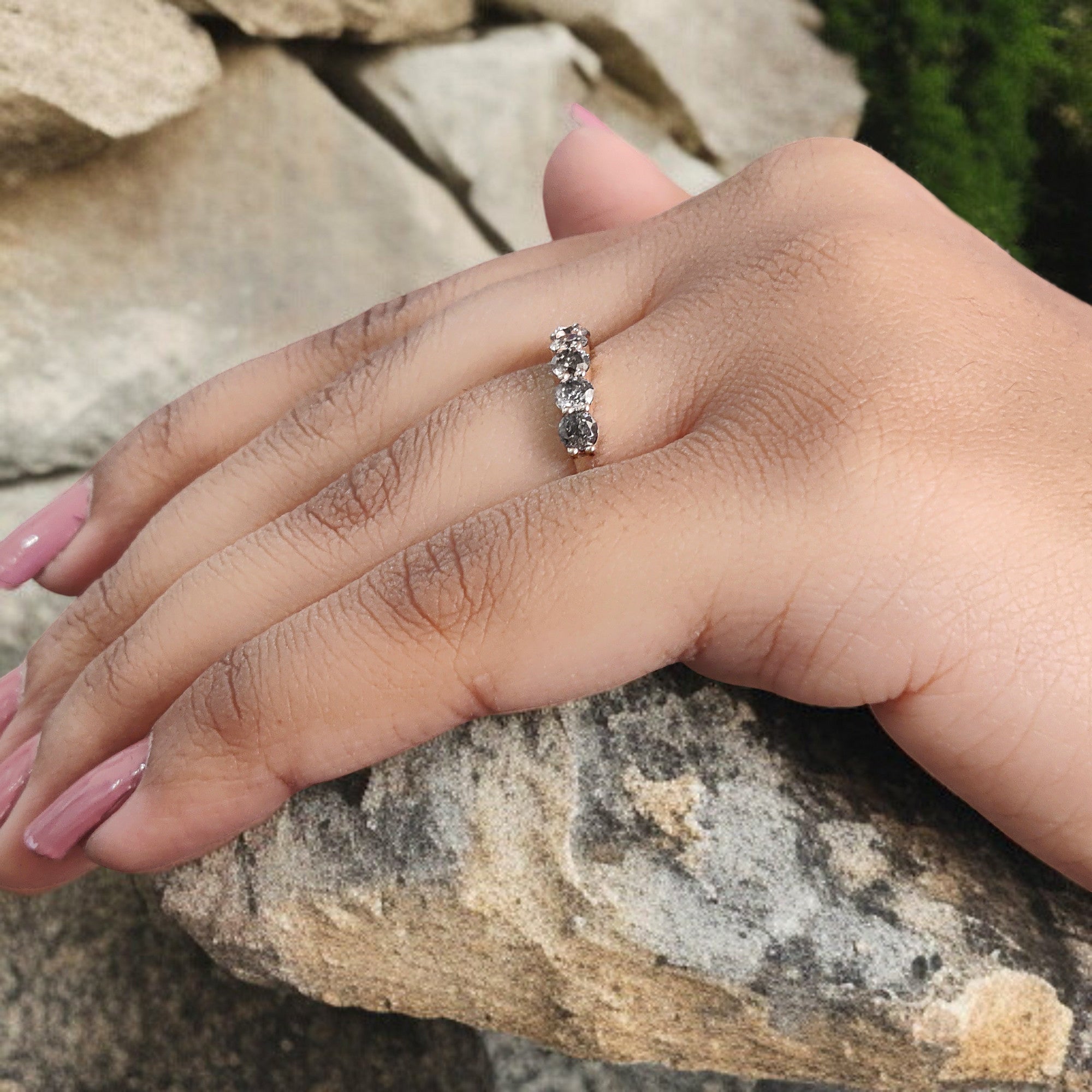 Round Cut Salt And Pepper Diamond Ring 0.81 Ct 3.20 MM Round Diamond Ring 14K Solid Rose Gold Silver Engagement Ring Gift For Her QL1395