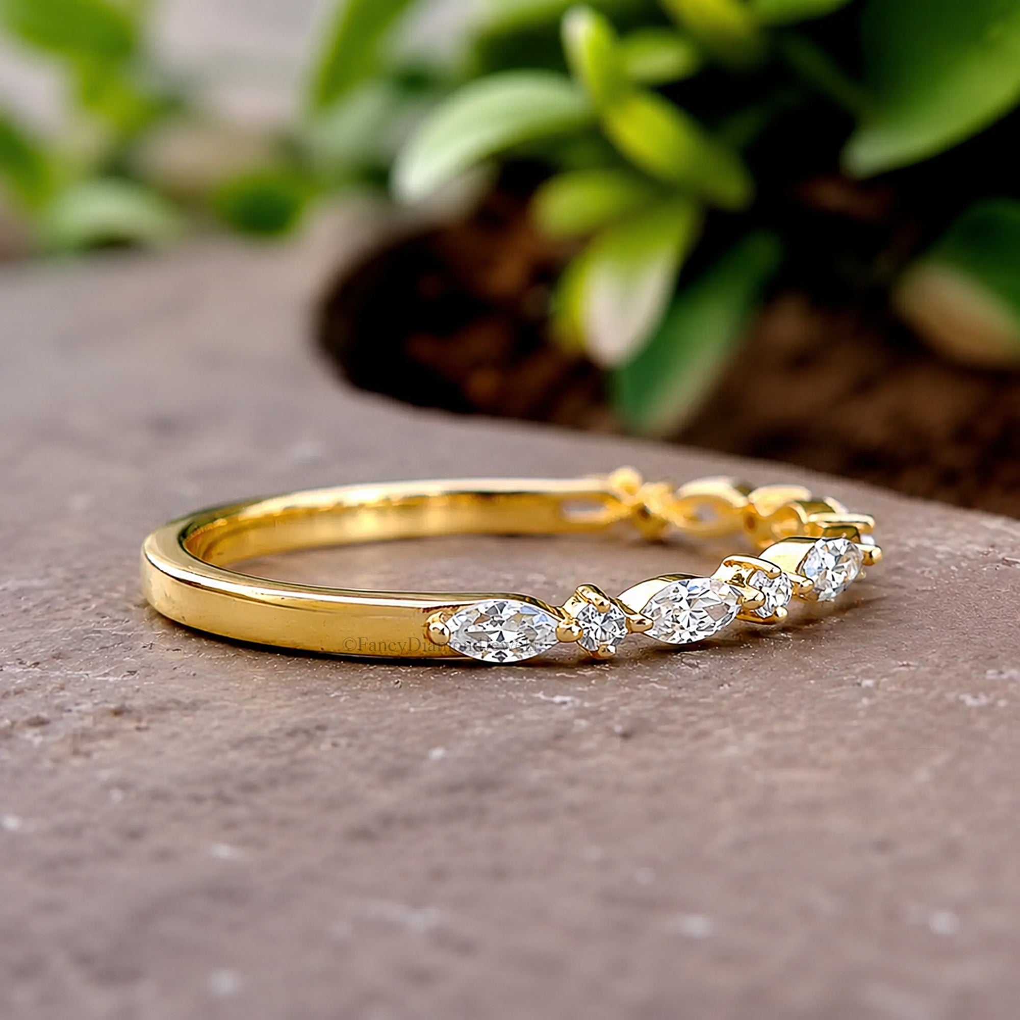 Open Gap Wedding Band Marquise and Round Moissanite Engagement Band, Half Eternity Band, Stackable Matching Minimalist Rings For Women FD603