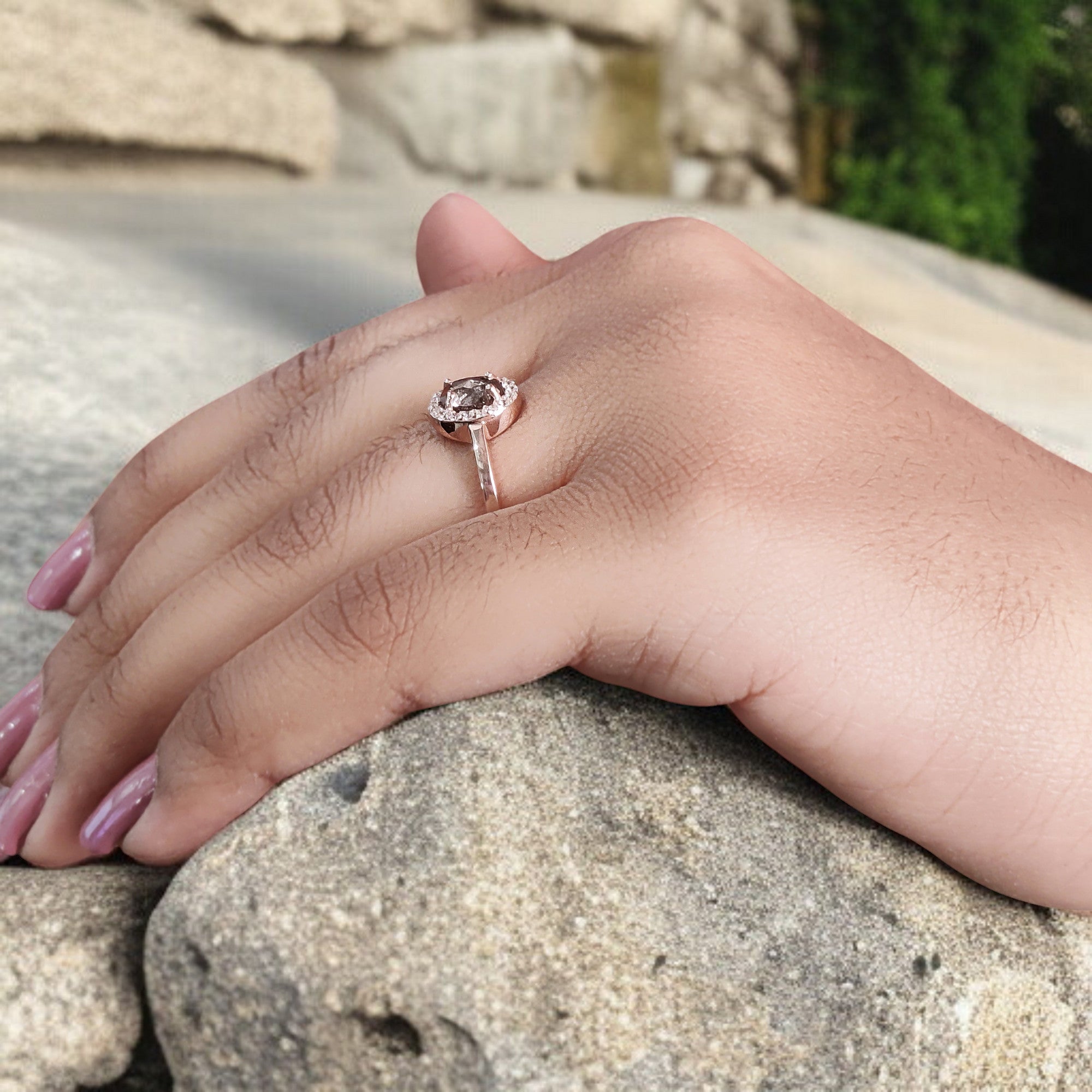 Oval Cut Salt And Pepper Diamond Ring 0.79 Ct 6.35 MM Oval Diamond Ring 14K Solid Rose Gold Silver Oval Engagement Ring Gift For Her QL1476