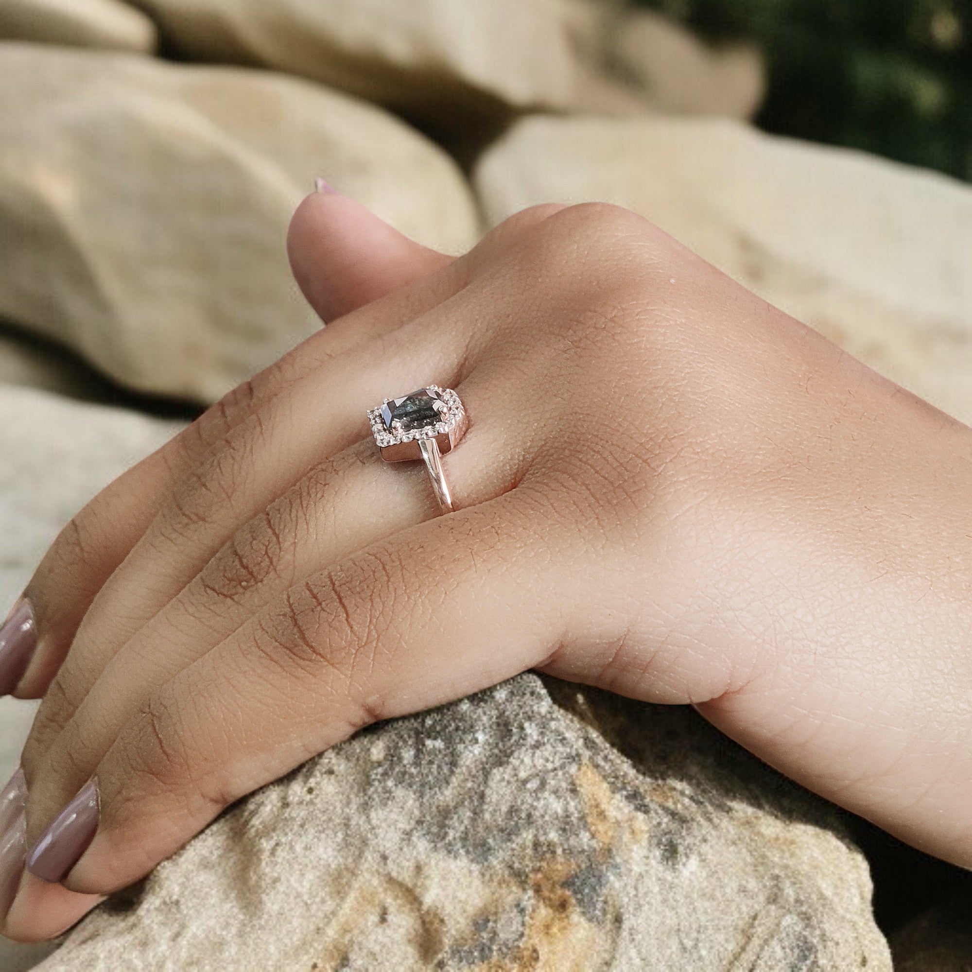 Coffin Cut Salt And Pepper Diamond Ring 0.96 Ct 6.25 MM Coffin Diamond Ring 14K Solid Rose Gold Silver Engagement Ring Gift For Her QN1097