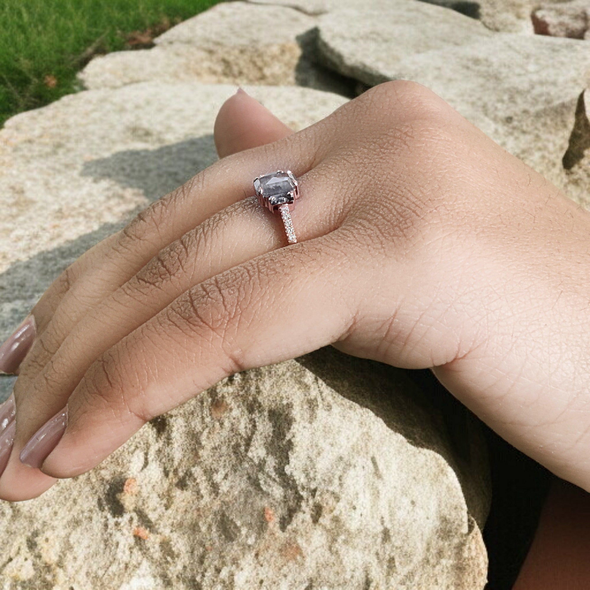 0.90 Ct Natural Emerald Shape Grey Color Diamond Ring 6.95 MM Emerald Cut Diamond Ring 14K Solid Rose Gold Silver Engagement Ring QN796