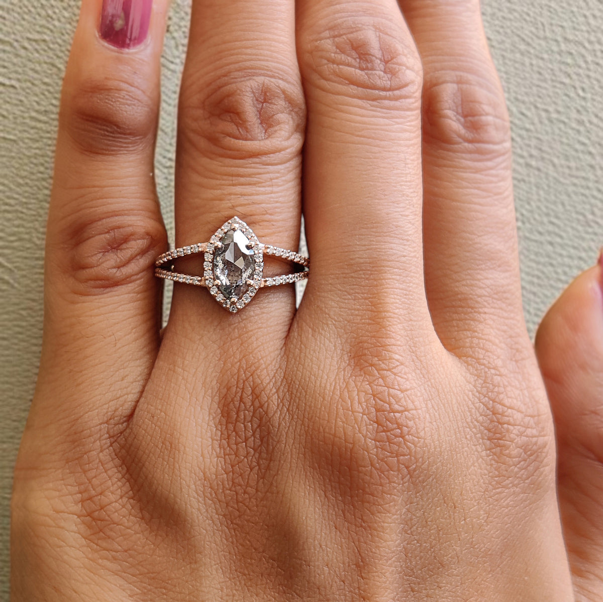 Marquise Salt and Pepper Diamond Engagement Ring, 14K Rose Gold Ring, Unique Geometric Diamond Ring, Minimalist Fine Jewelry Gift KDL3686