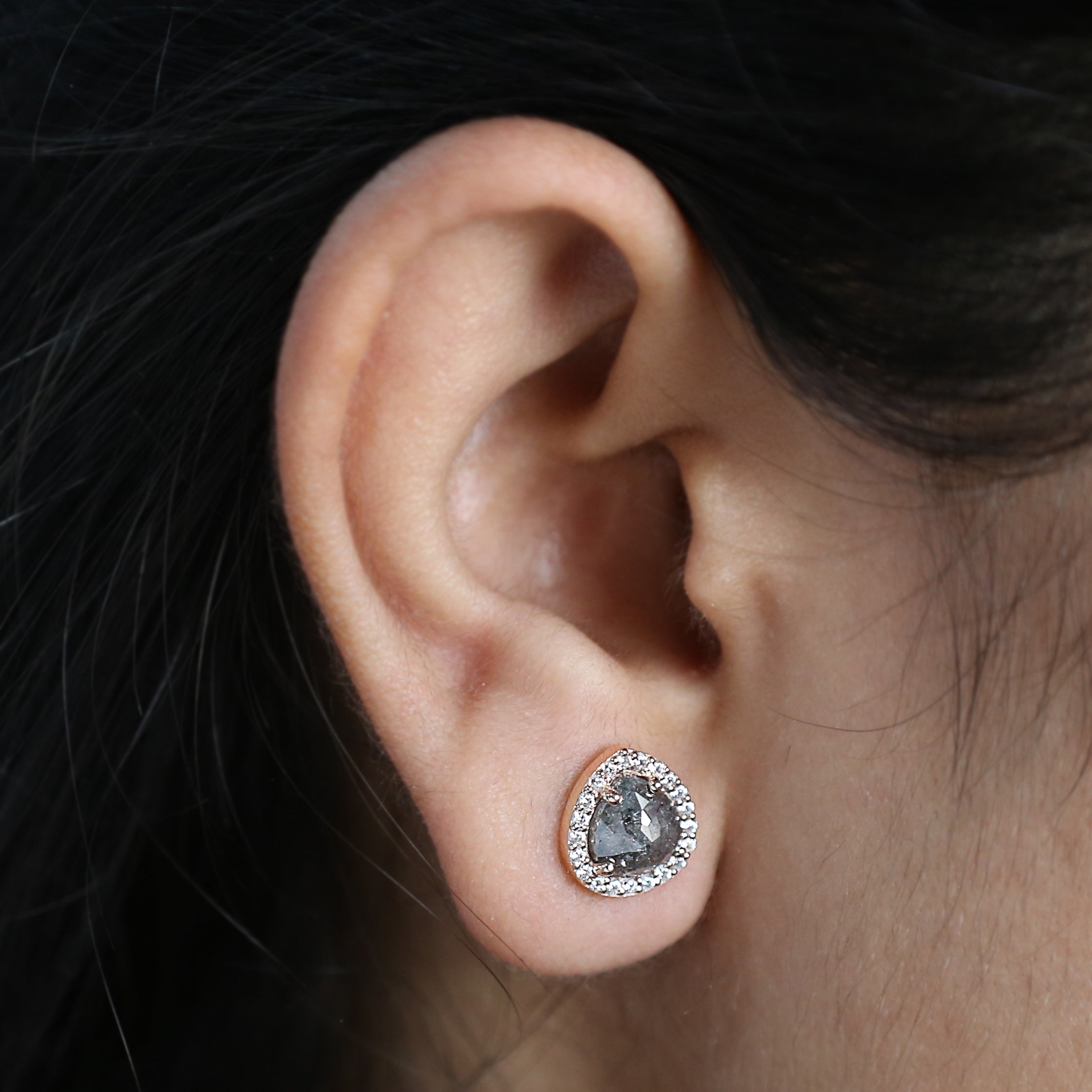 Pear Salt And Pepper Diamond Earring 2.31 Ct 7.30 MM Pear Shape Diamond Earring 14K Solid Rose Gold Silver Engagement Pear Earring KD866