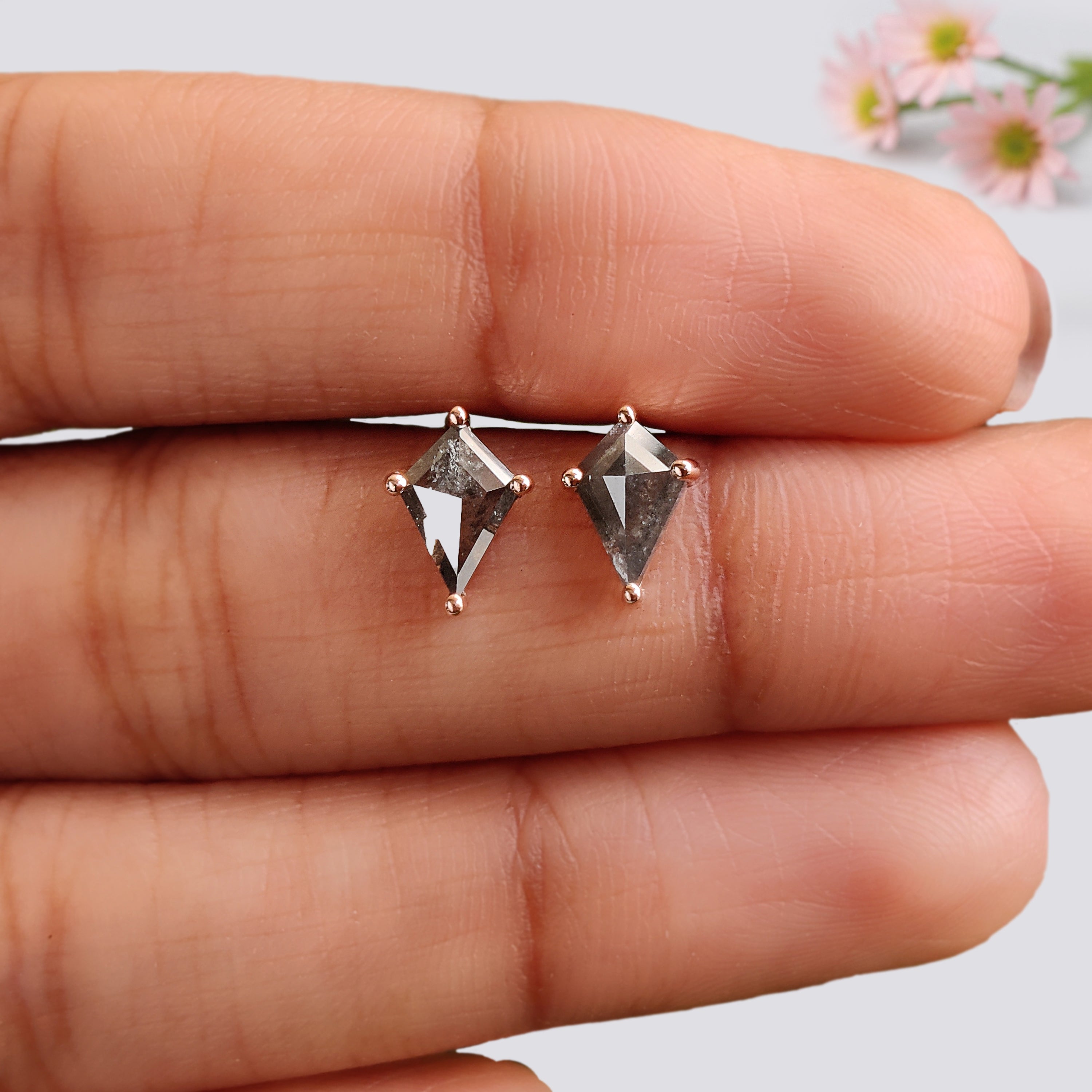 Kite Cut Salt And Pepper Diamond Earring 1.18 Ct 7.70 MM Kite Shape Diamond Earring 14K Solid Rose Gold Silver Earring Gift For Her KDL3438