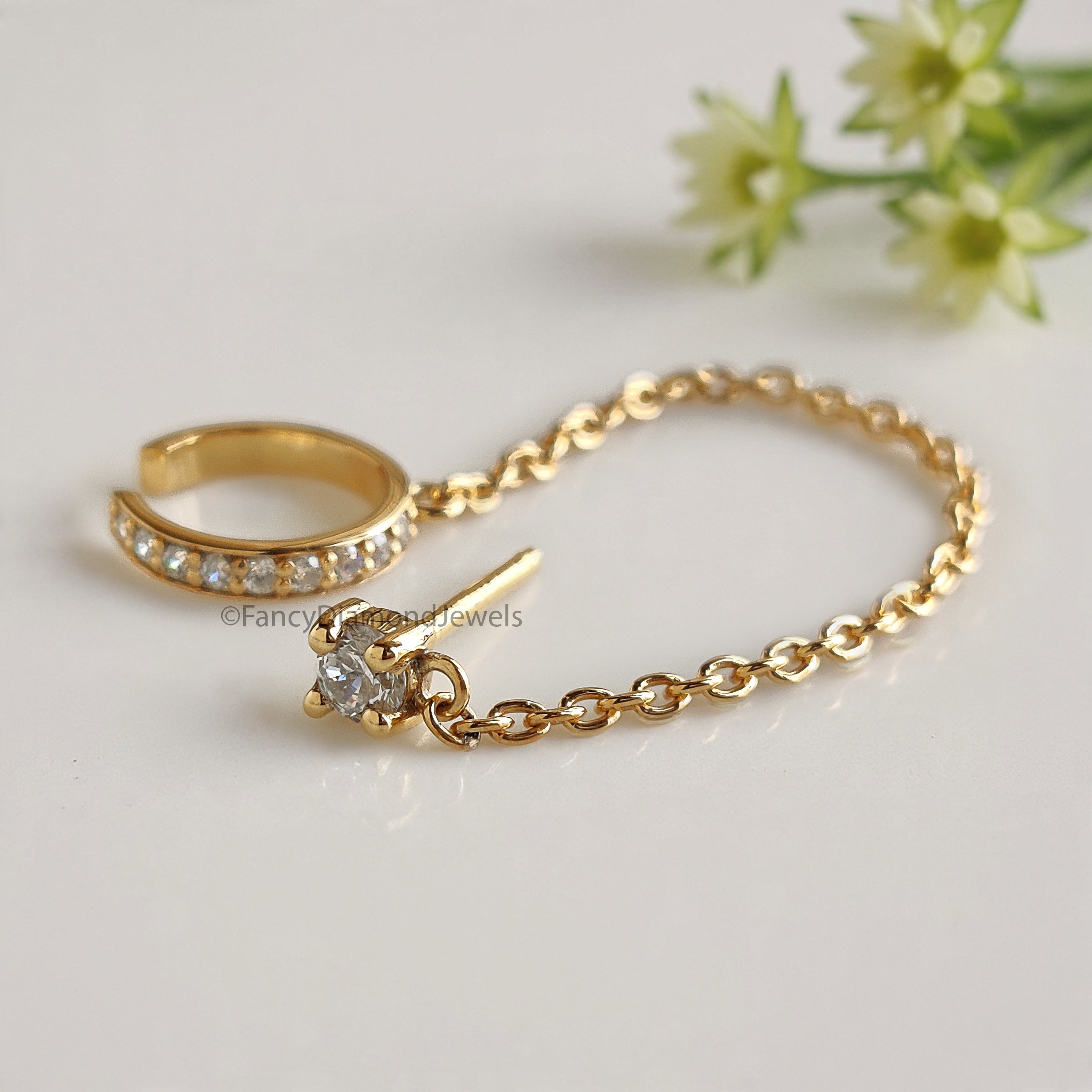 Minimalist Pave Ear Cuff Chain Earrings Round Diamond Stud Dangle Earrings in Gold and Sterling Silver Trendy Ear Cuff Chain Earrings FD533