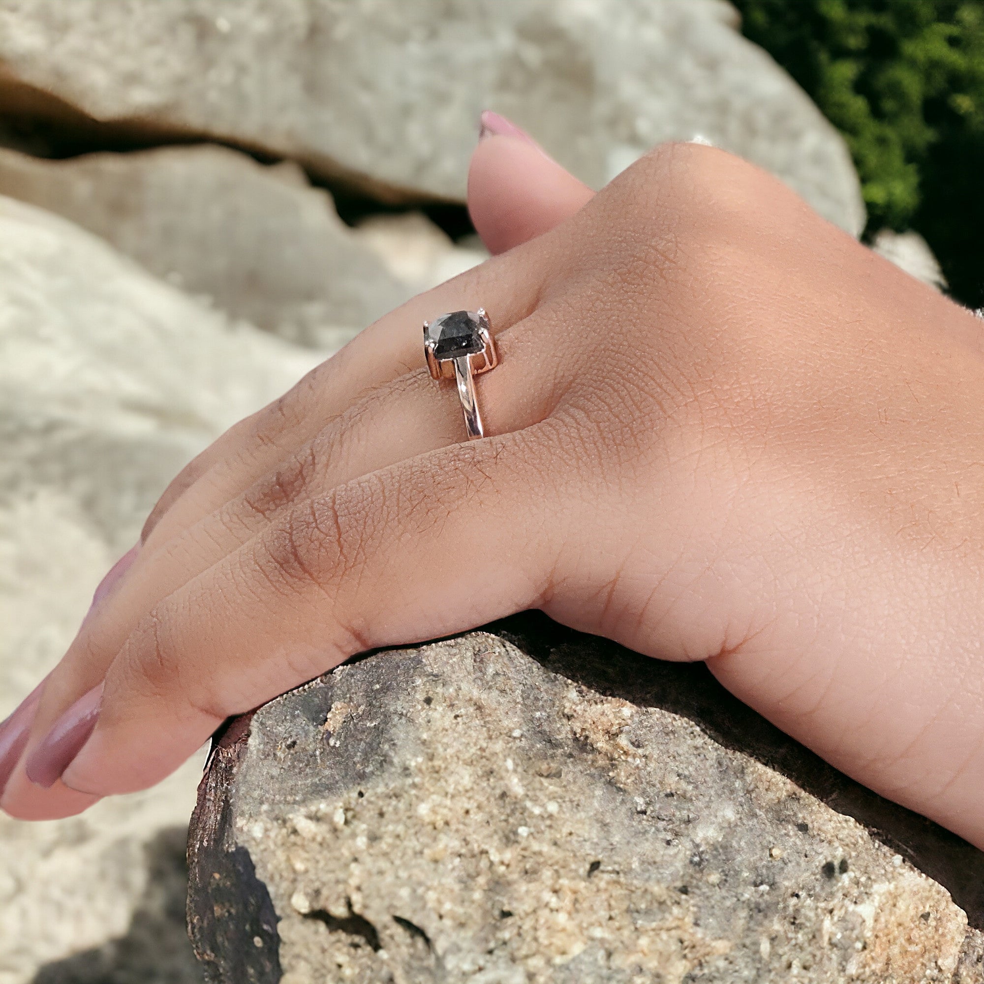Emerald Cut Salt And Pepper Diamond Ring 1.24  Ct 5.50 MM Emerald Diamond Ring 14K Solid Rose Gold Silver Engagement Ring Gift For Her QN9365