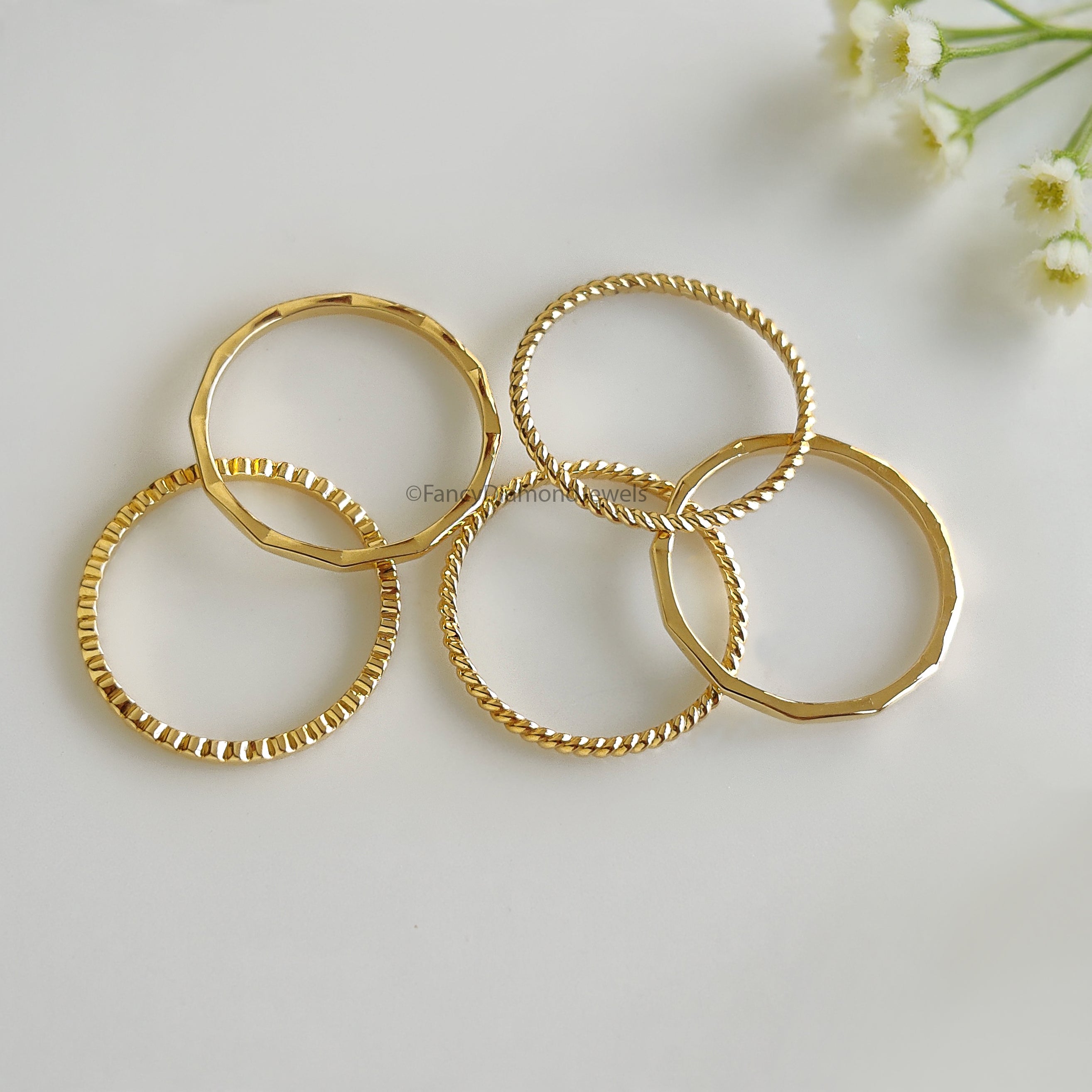Handmade Filled Stackable 5 Rings Set Simple Wedding Band Yellow Gold Unique Wedding Band Minimal Dainty Stacking Band Gift For Her FD540