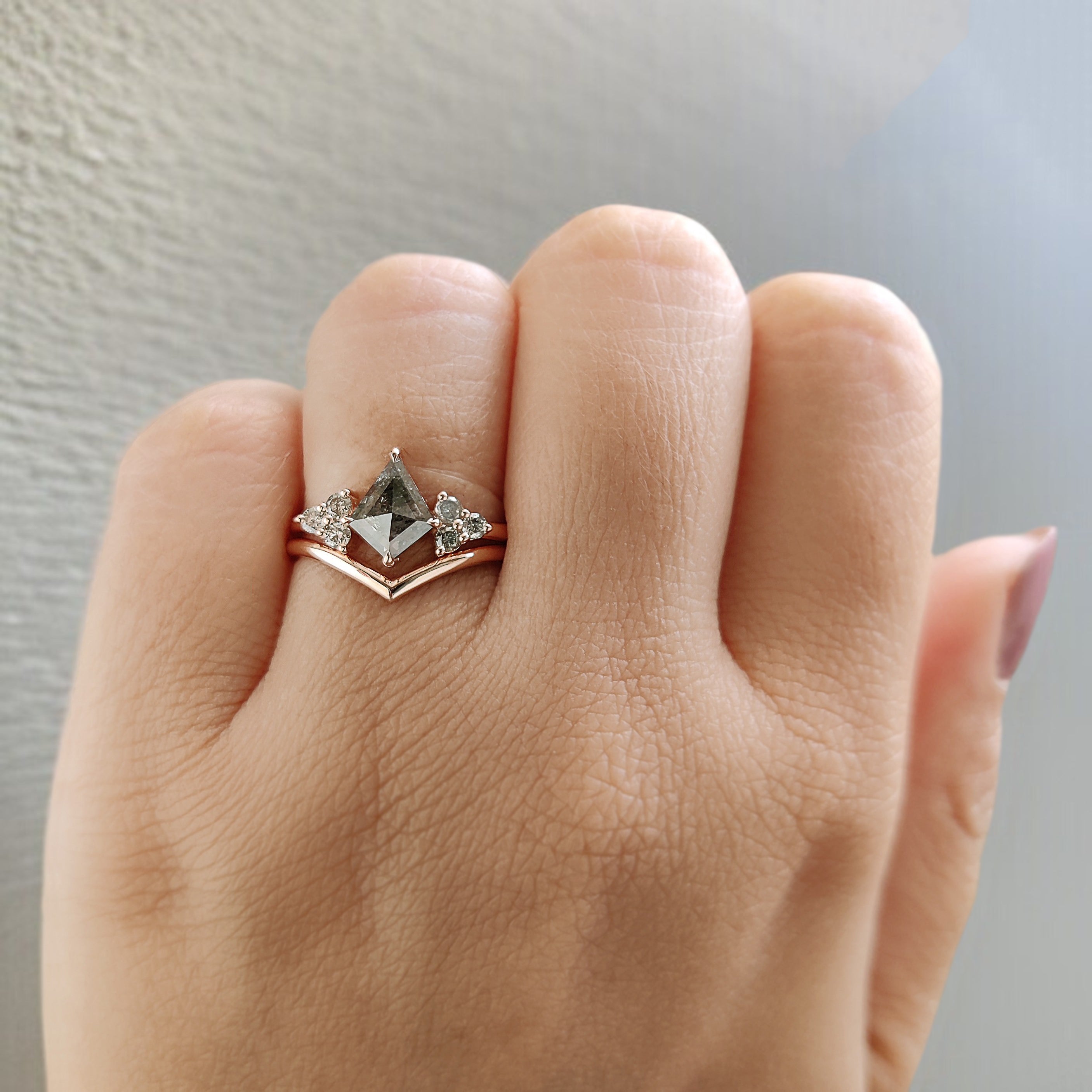 Kite Cut Salt And Pepper Diamond Ring 0.53 CT 8.15 MM Kite Diamond Wedding Ring Set RoseGold Silver Engagement Ring Gift For Her KDL3392