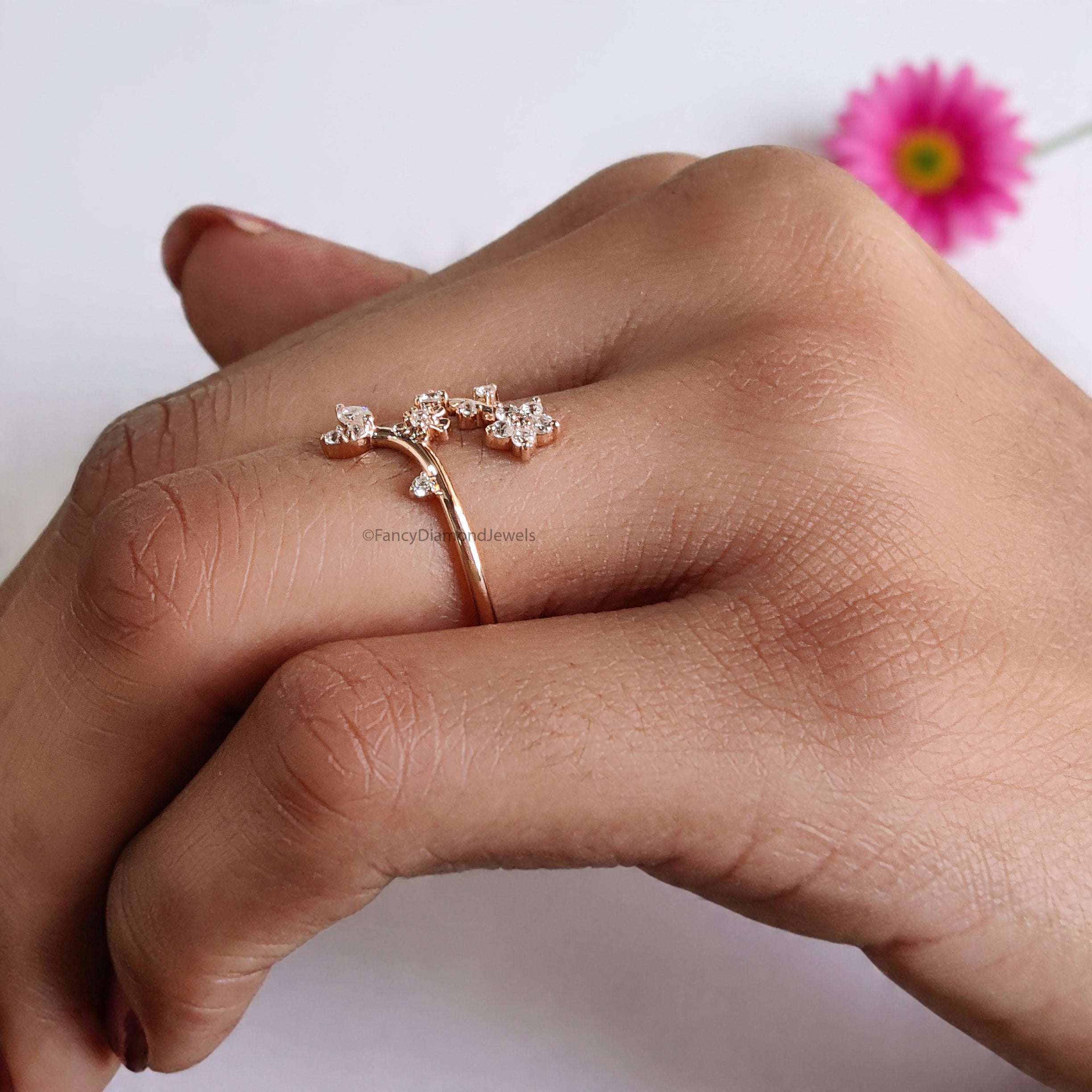 Marquise / Round Cut Wedding Ring Rose Gold Unique Anniversary Ring Spring Flower Ring Adjustable Delicate Personalized Gift For Her FD536