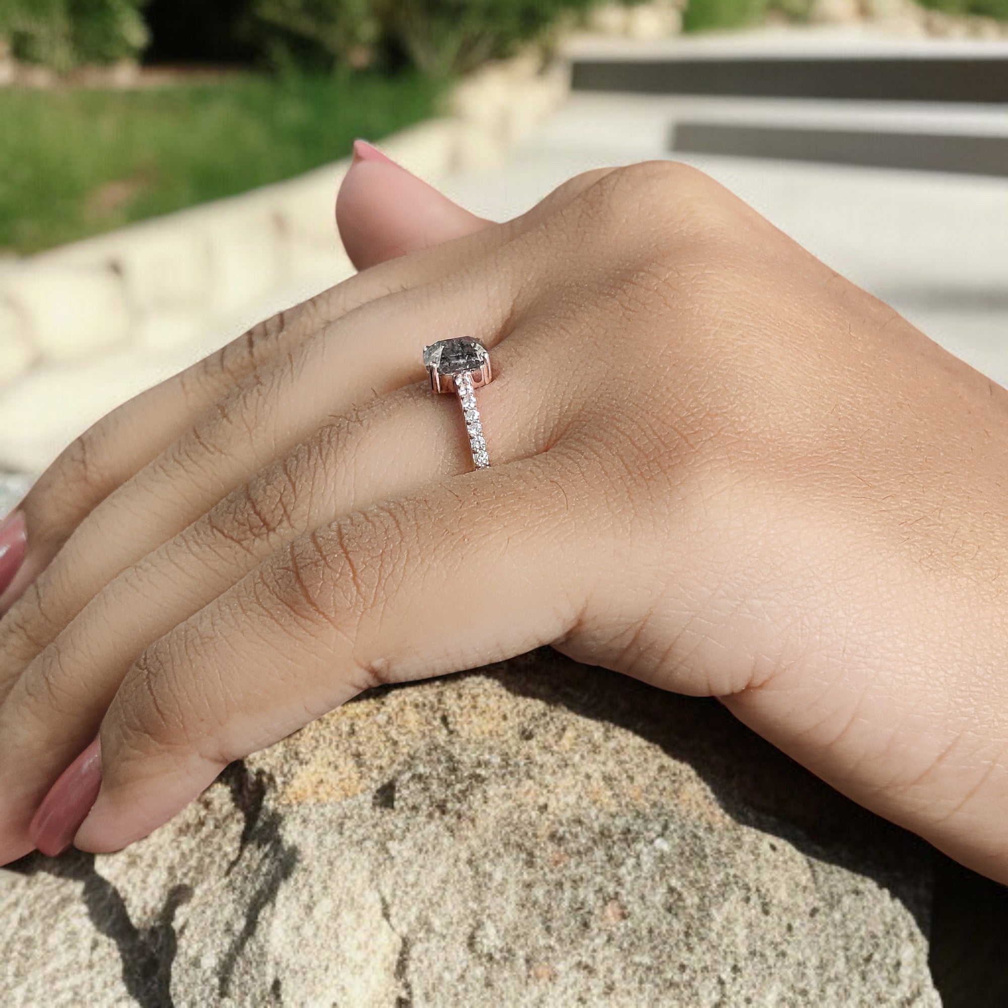 Emerald Cut Salt And Pepper Diamond Ring 0.75 Ct 5.95 MM Emerald Diamond Ring 14K Solid Rose Gold Silver Engagement Ring Gift For Her QL1100