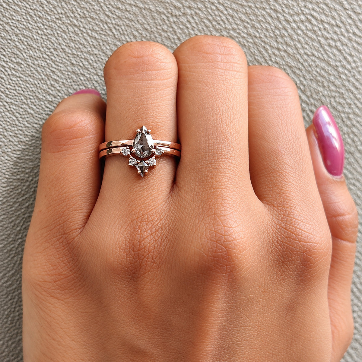 Pear Shape Salt and Pepper Diamond Ring, 14K Rose Gold Pear Cut Engagement Ring, Bridal Ring Set, Unique Diamond Ring Gift for Her KDN2625