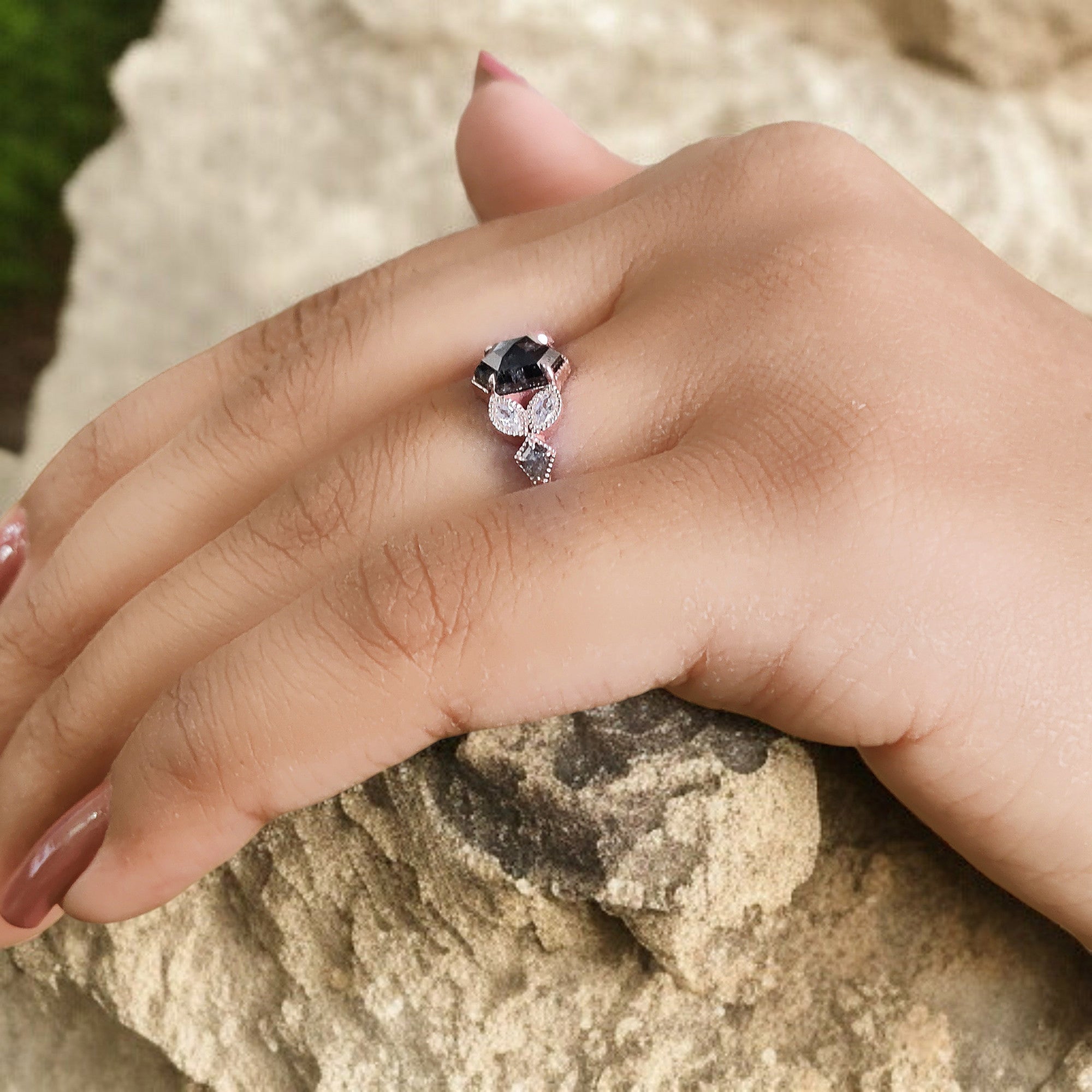 Hexagon Cut Salt And Pepper Diamond Ring 0.98 Ct 6.83 MM Hexagon Cut Diamond Ring 14K Rose Gold Silver Engagement Ring Gift For Her QL2943