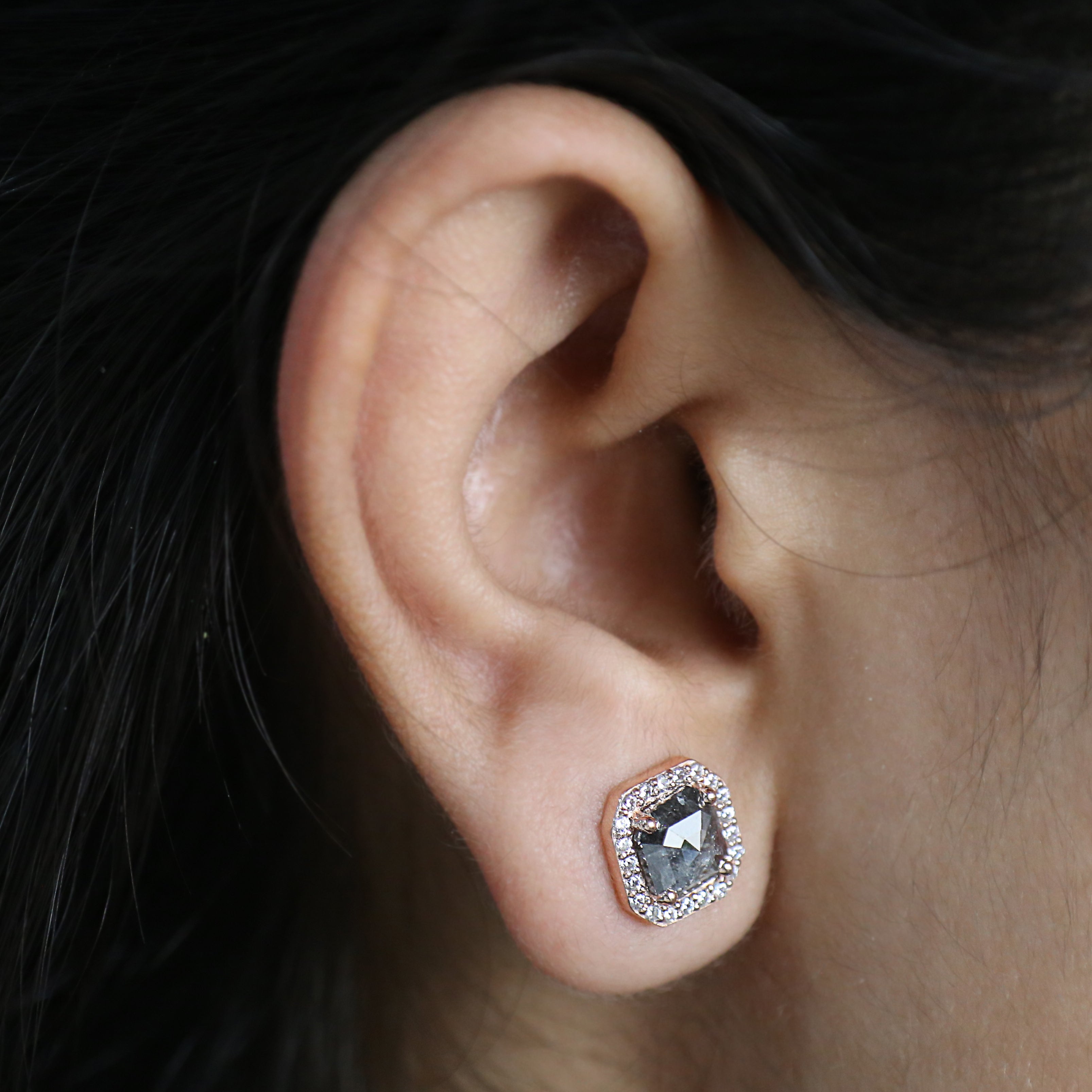 Emerald Shape Salt And Pepper Diamond Earring Emerald Earring Halo Set Earring Engagement Earring Earlobe Earrings Gift For Her KD860