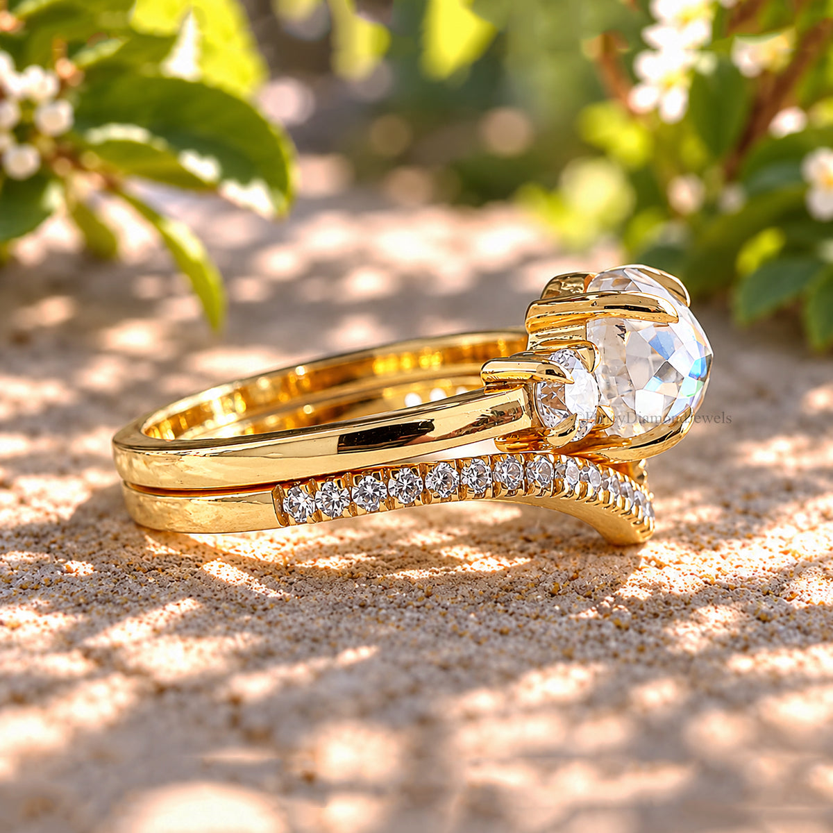 1.55 CT Round Rose Cut Engagement Ring Set In Solid Yellow 10K/14k/18k Gold Round Solitaire Engagement Ring Bridal Wedding Ring Set FD610