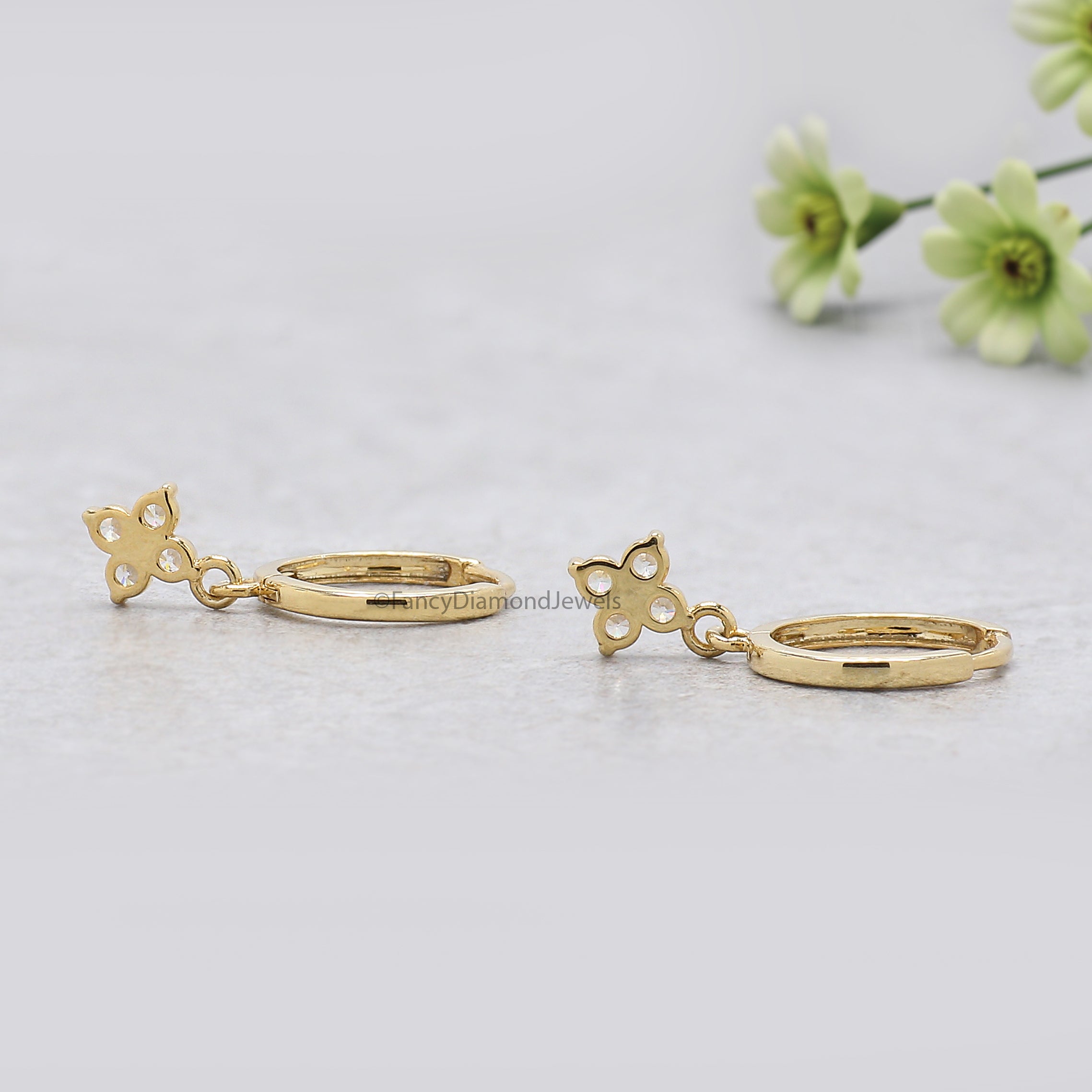 Round Diamond Flower Huggie Hoop Earrings, Minimalist Gold Dangle Earrings, Dainty Diamond Hoop, Bridesmaid Gift for Mom, Gift for Her FD551