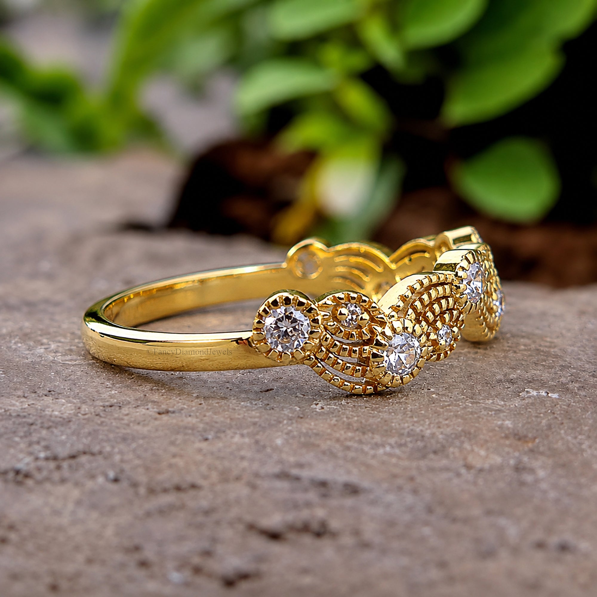 Leaf & Vine Art Deco Wedding Ring, Vintage Nature Ring, Half Eternity Ring, Round Ring, Unique Vintage Band, Wedding Band For Her FD604