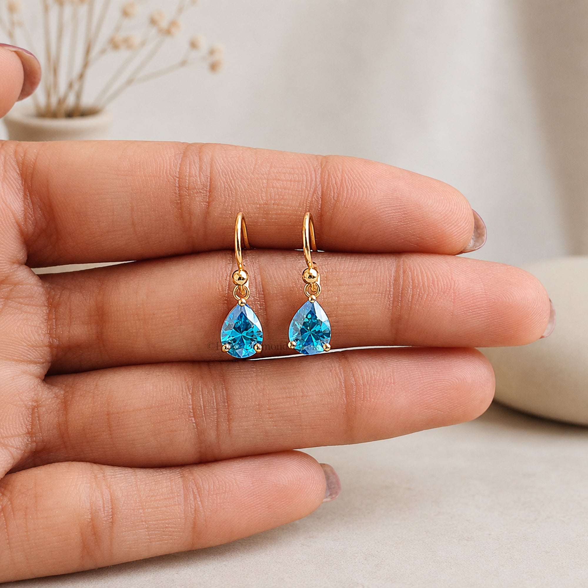 Pear Shape Topaz Blue CZ Droplet Drop Earrings in Sterling Silver, Wedding Earrings, Dainty Anniversary Gift For Her, Hook Earrings FD598