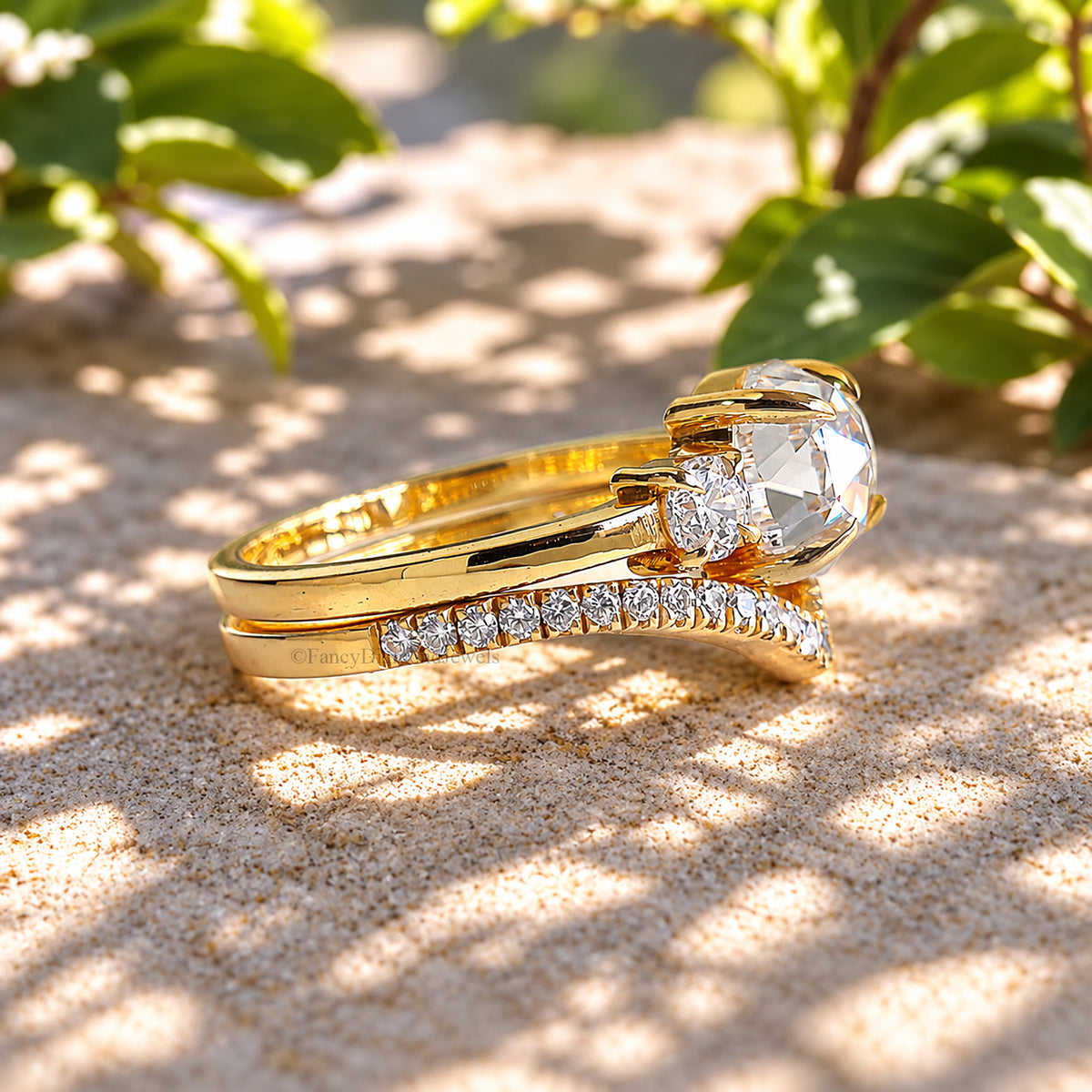 1.50 CT Round Rose Cut Engagement Ring Set In Solid Yellow 10K/14k/18k Gold Round Solitaire Engagement Ring Bridal Wedding Ring Set FD609