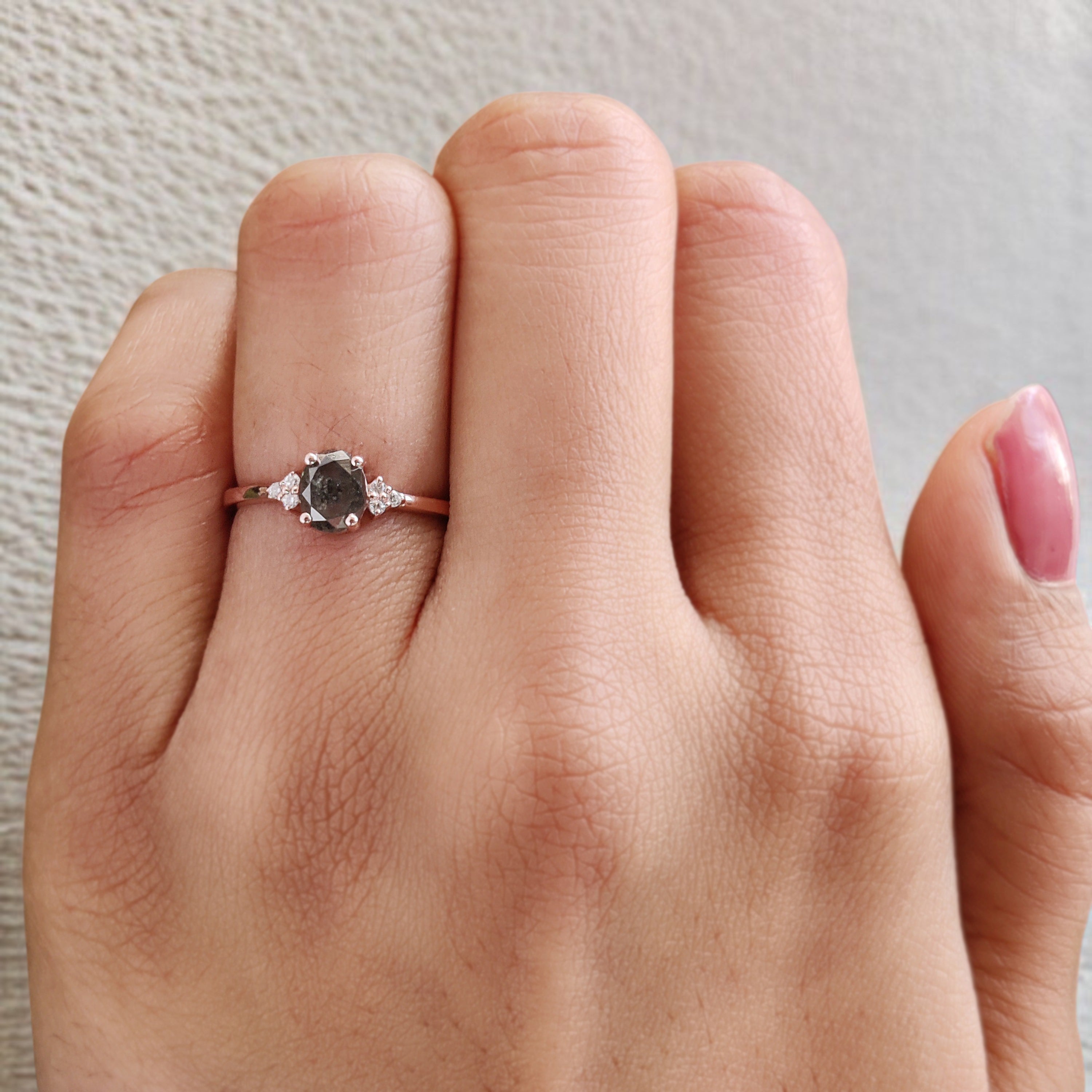 Oval Cut Salt And Pepper Diamond Ring 0.72 Ct 6.14 MM Oval Diamond Ring 14K Solid Rose Gold Silver Oval Engagement Ring Gift For Her KDL2951