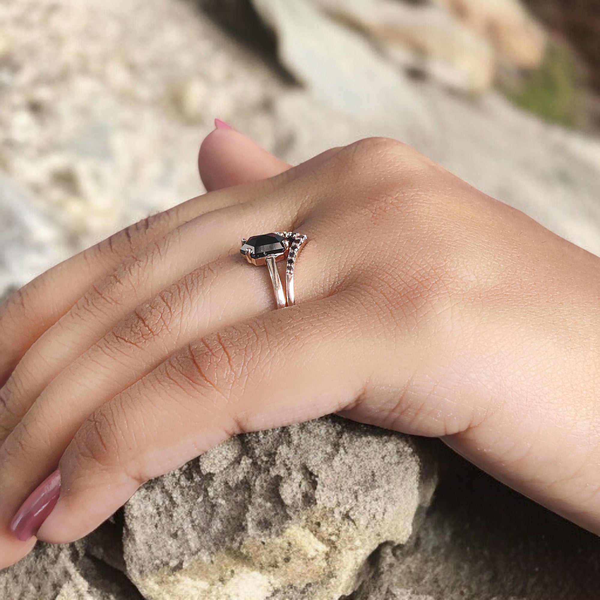 1.13 Ct Natural Hexagon Shape Black Color Diamond Ring 7.90 MM Hexagon Diamond Ring 14K Solid Rose Gold Silver Engagement Ring QL9082