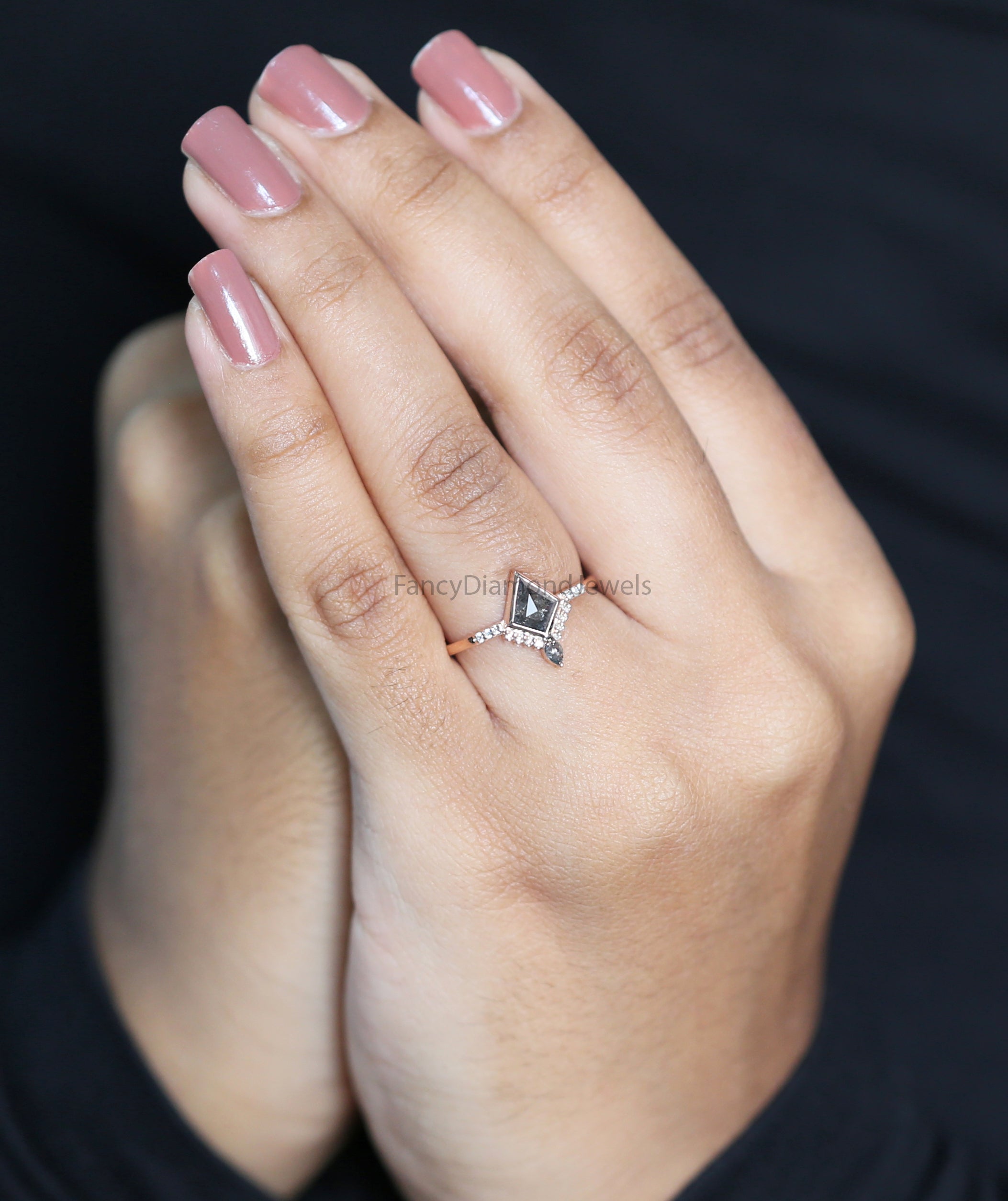 Kite Cut Salt And Pepper Diamond Ring 0.60 Ct 7.20 MM Kite Diamond Ring 14K Solid Rose Gold Silver Kite Engagement Ring Gift For Her QN2095