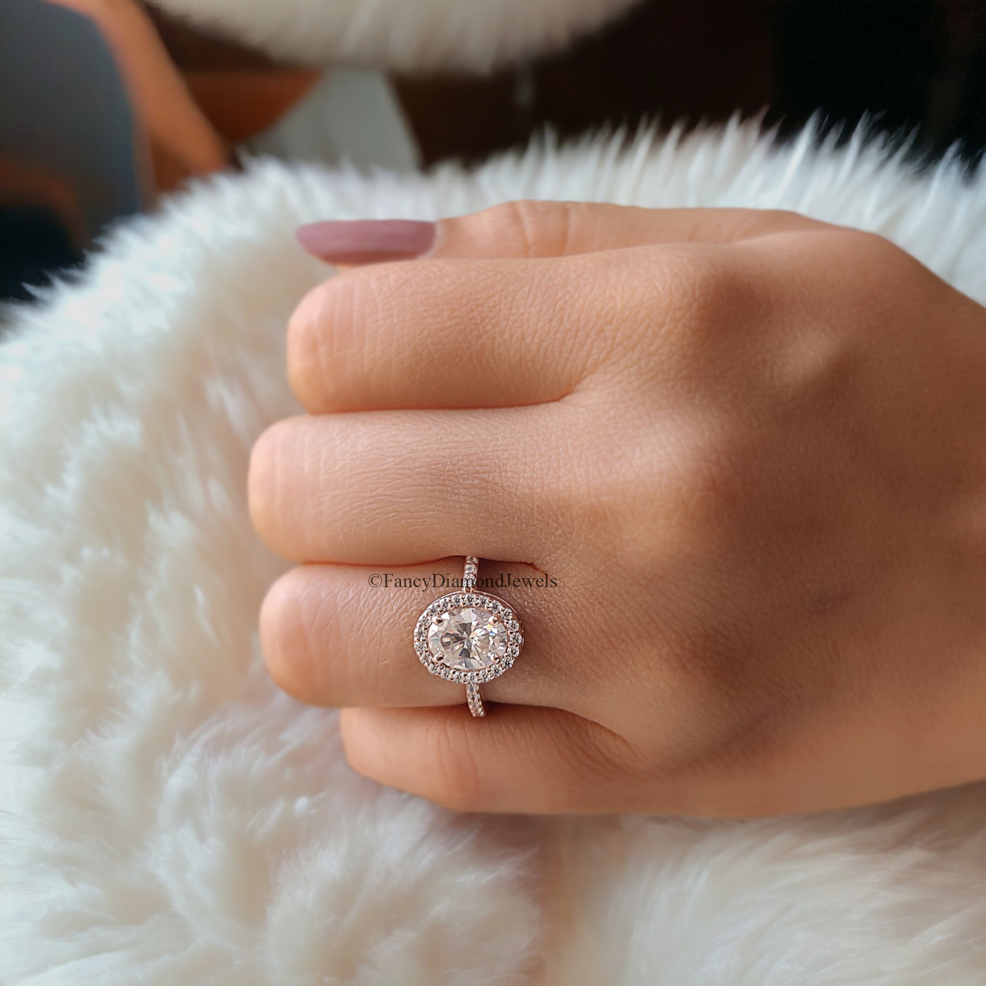 1.05 CT Oval Cut Moissanite Solitaire Ring 14K Rose Gold Engagement Ring Halo Setting Statement Ring Gift For Her Anniversary Ring FD93