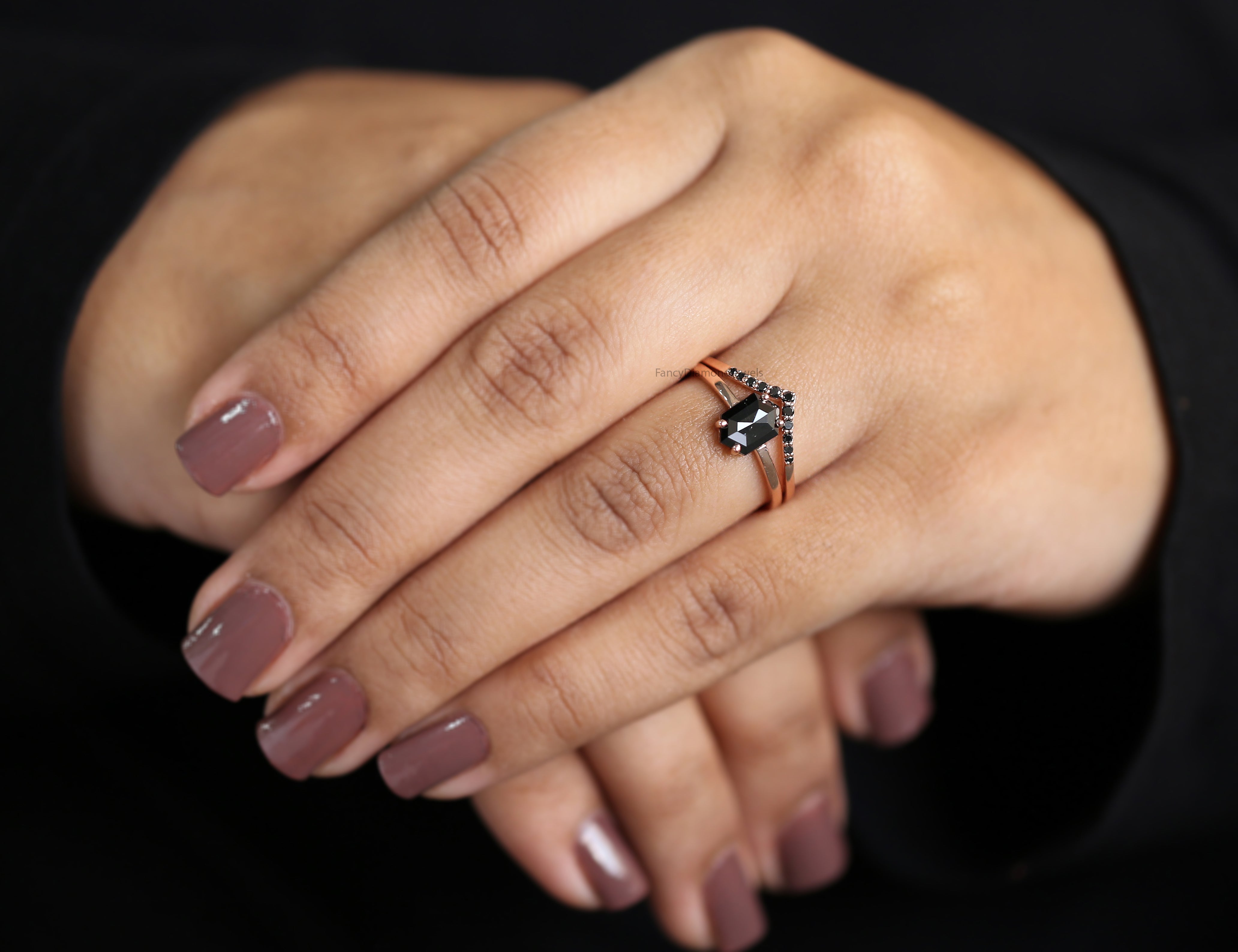 1.13 Ct Natural Hexagon Shape Black Color Diamond Ring 7.90 MM Hexagon Diamond Ring 14K Solid Rose Gold Silver Engagement Ring QL9082