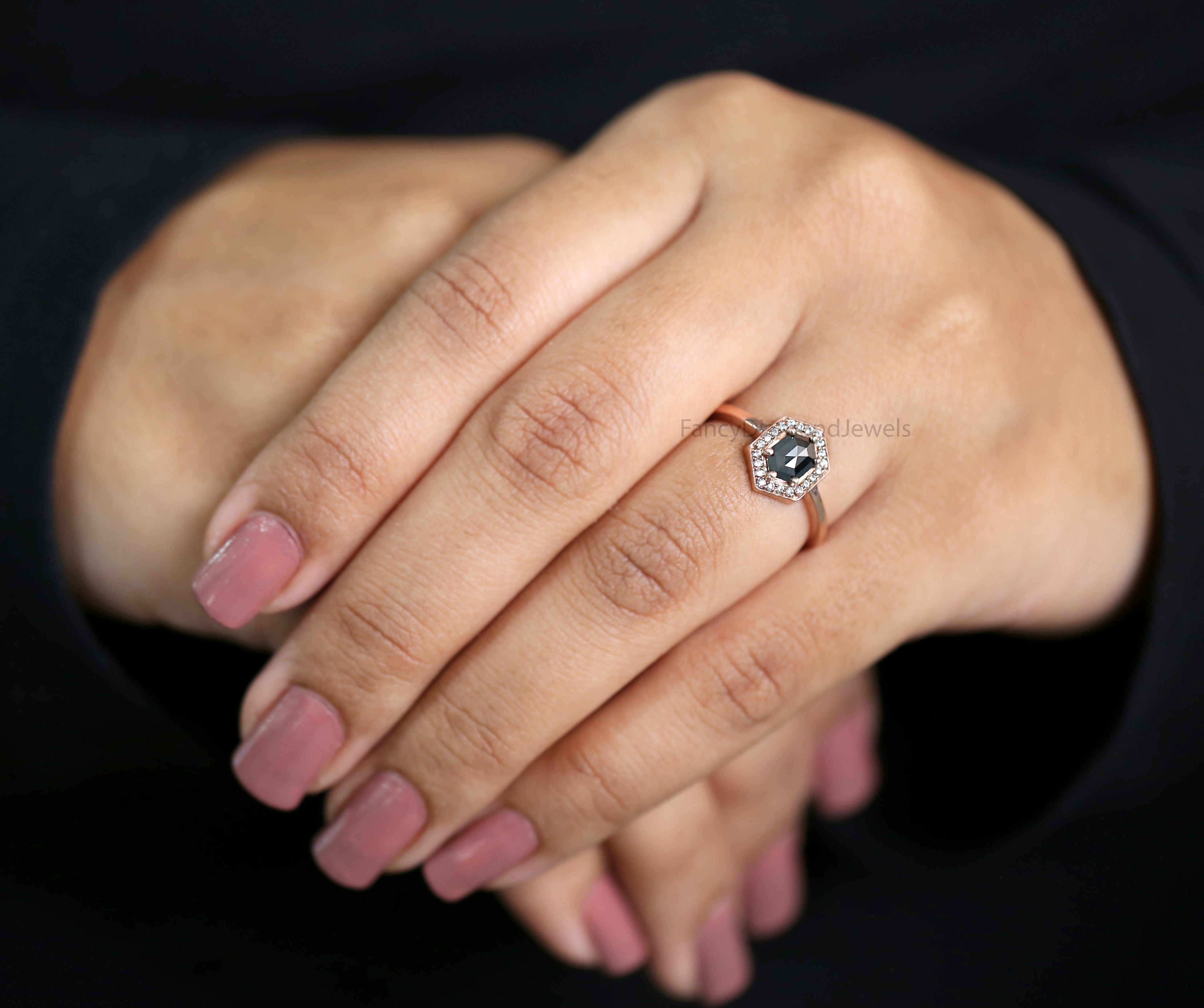 Hexagon Cut Black Color Diamond Ring 0.56 Ct 6.84 MM Hexagon Diamond Ring 14K Rose Gold Silver Hexagon Engagement Ring Gift For Her QN2233