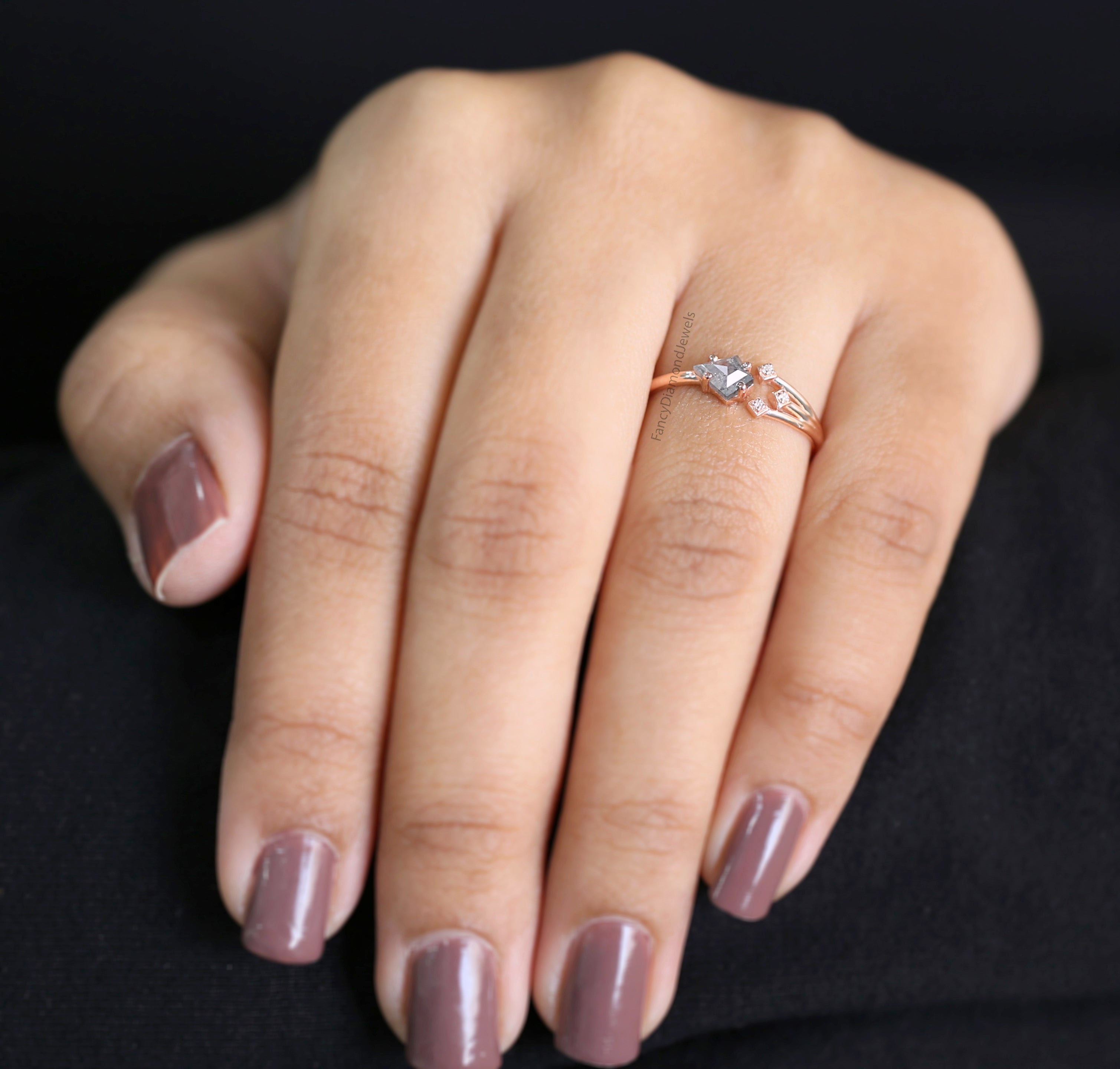 Kite Cut Salt And Pepper Diamond Ring 0.42 Ct 5.85 MM Kite Diamond Ring 14K Solid Rose Gold Silver Kite Engagement Ring Gift For Her QL3122