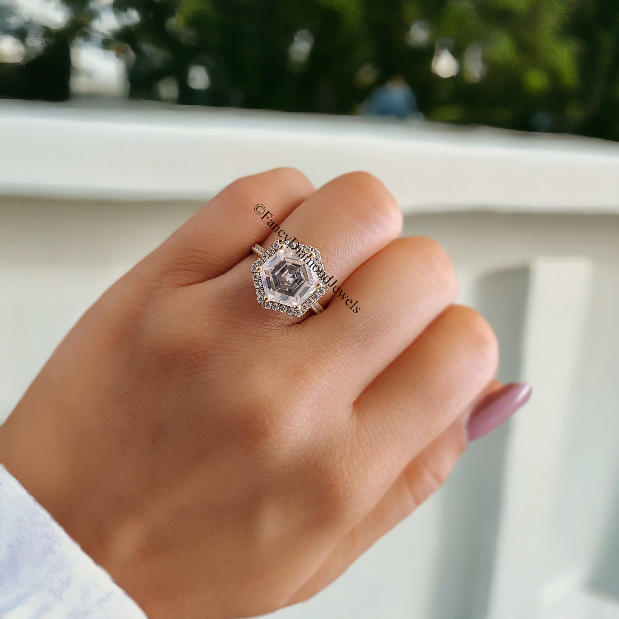 3.10 CT Hexagon And Round Cut Colorless Moissanite Halo Engagement Ring Prong Set Wedding Ring Cathedral Ring Anniversary Gift Ring FD101