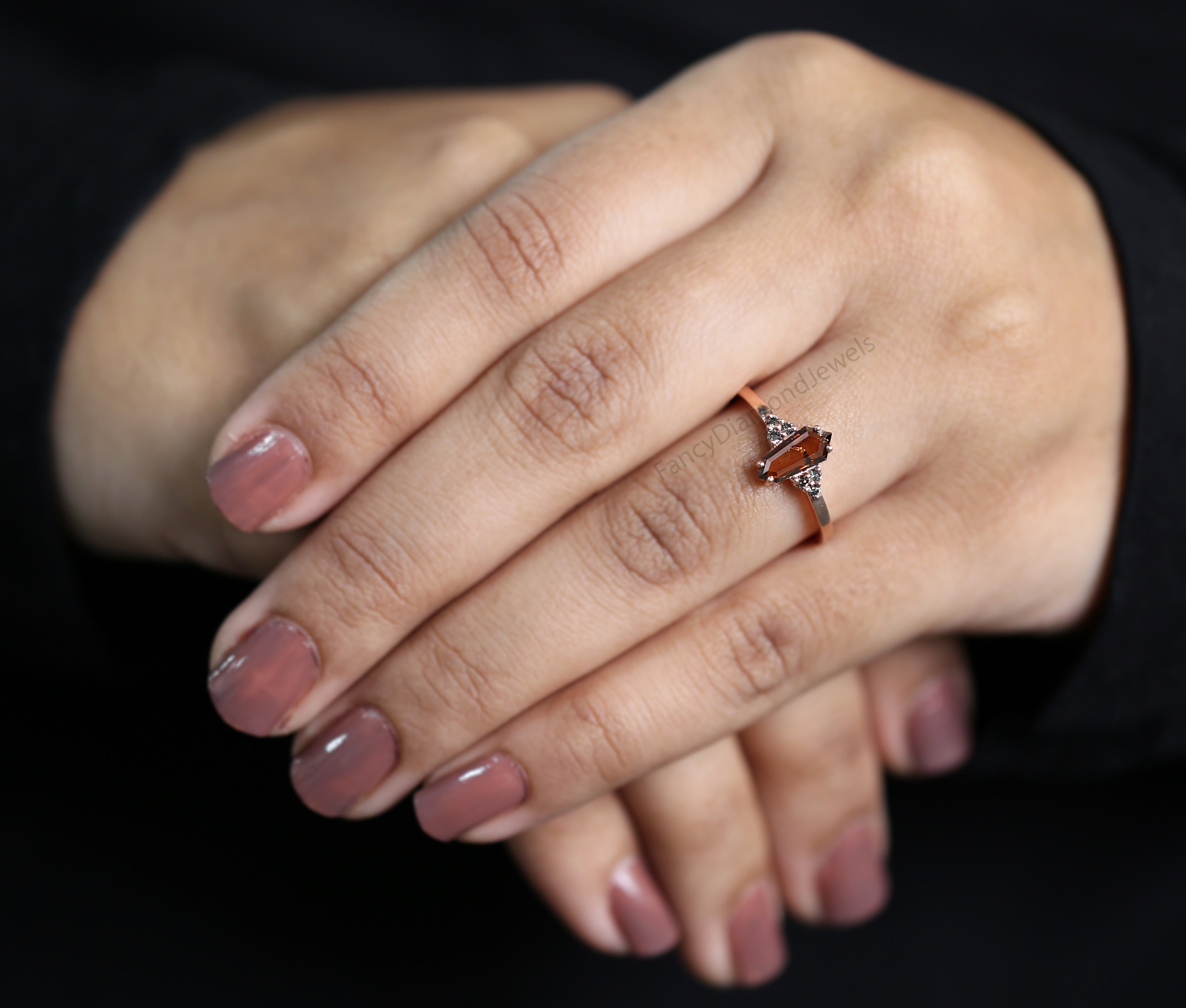 0.68 Ct Natural Shield Shape Brown Diamond Ring 9.35 MM Shield Diamond Ring 14K Solid Rose Gold Silver Engagement Ring Shield Ring QL1757