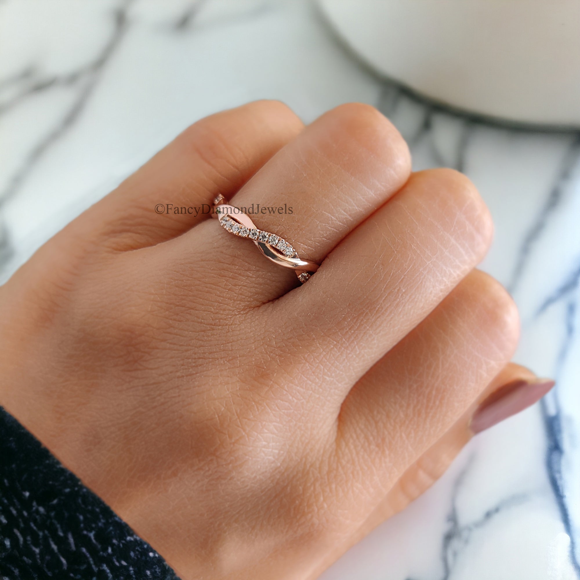Unique Twisted Shank Wedding Band Rose Gold Matching Delicate Dainty Ring Stacking Full Eternity Bridal Wedding band Infinity band FD62
