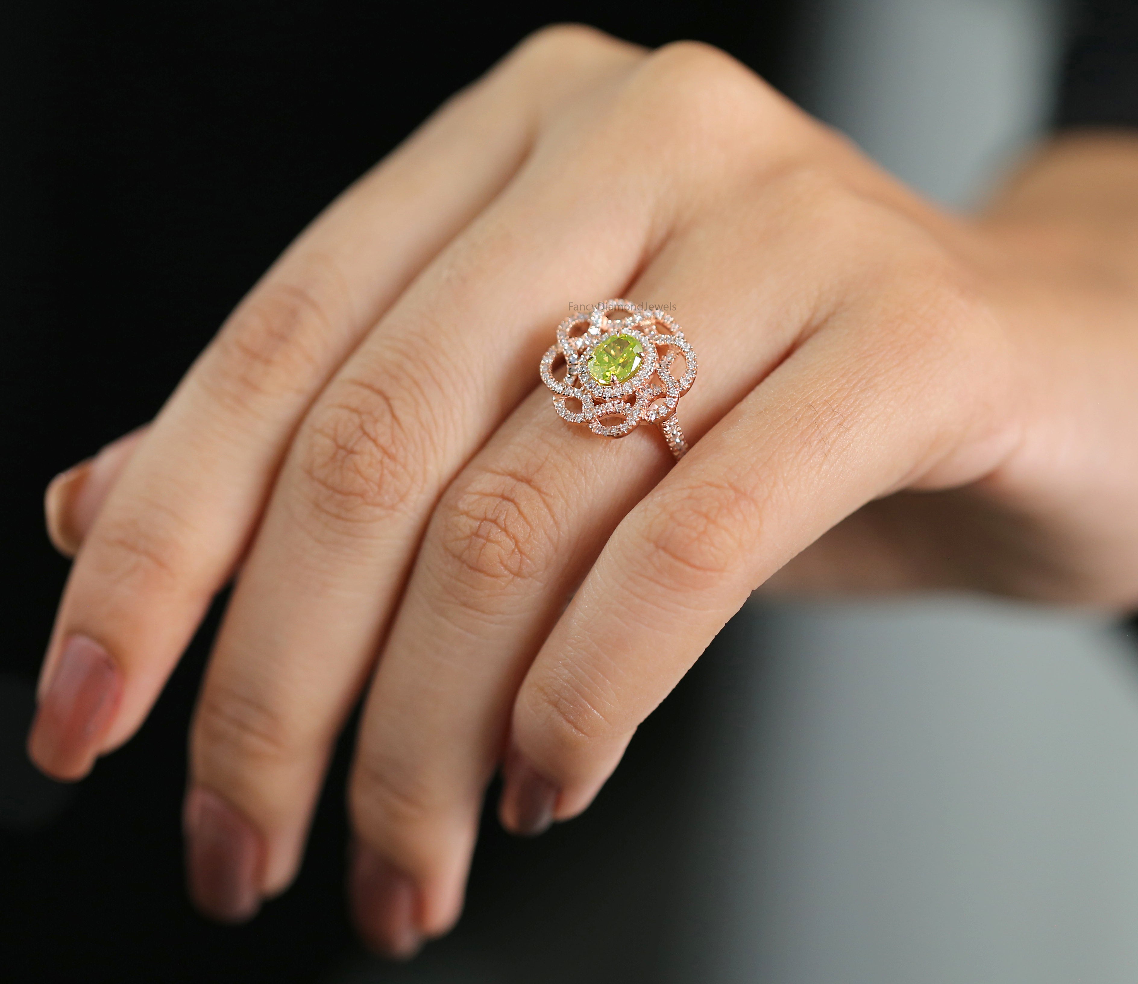 GIA Certified Oval Green Color Diamond Ring, Green Color Oval Diamond Engagement Ring, Oval Cut Diamond Ring, Oval Shape Halo Ring, KDL4056