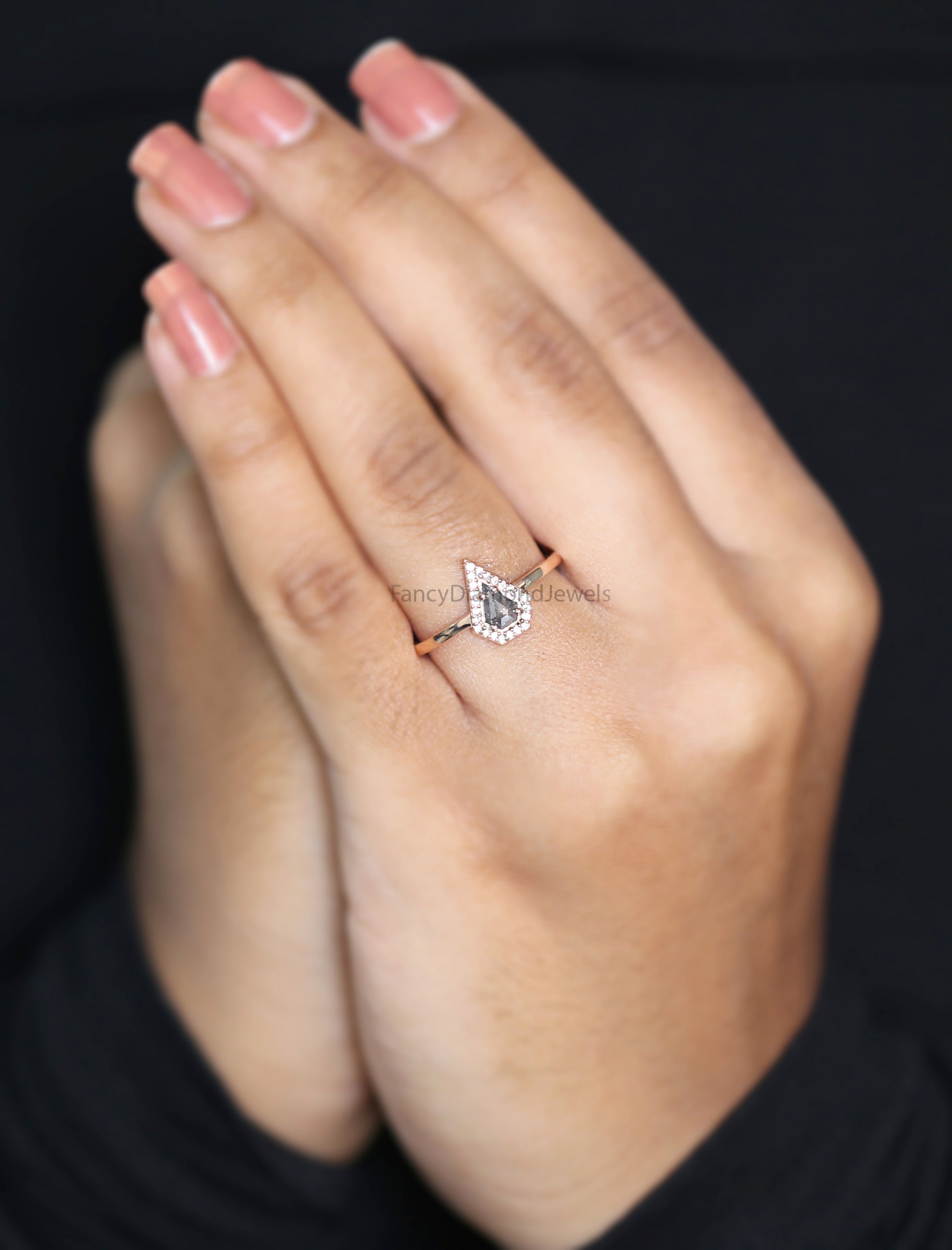 Shield salt and pepper Diamond Ring, Salt and pepper Shield Diamond Engagement Ring, Shield Diamond Ring, Halo Ring, Shield Ring KD1114