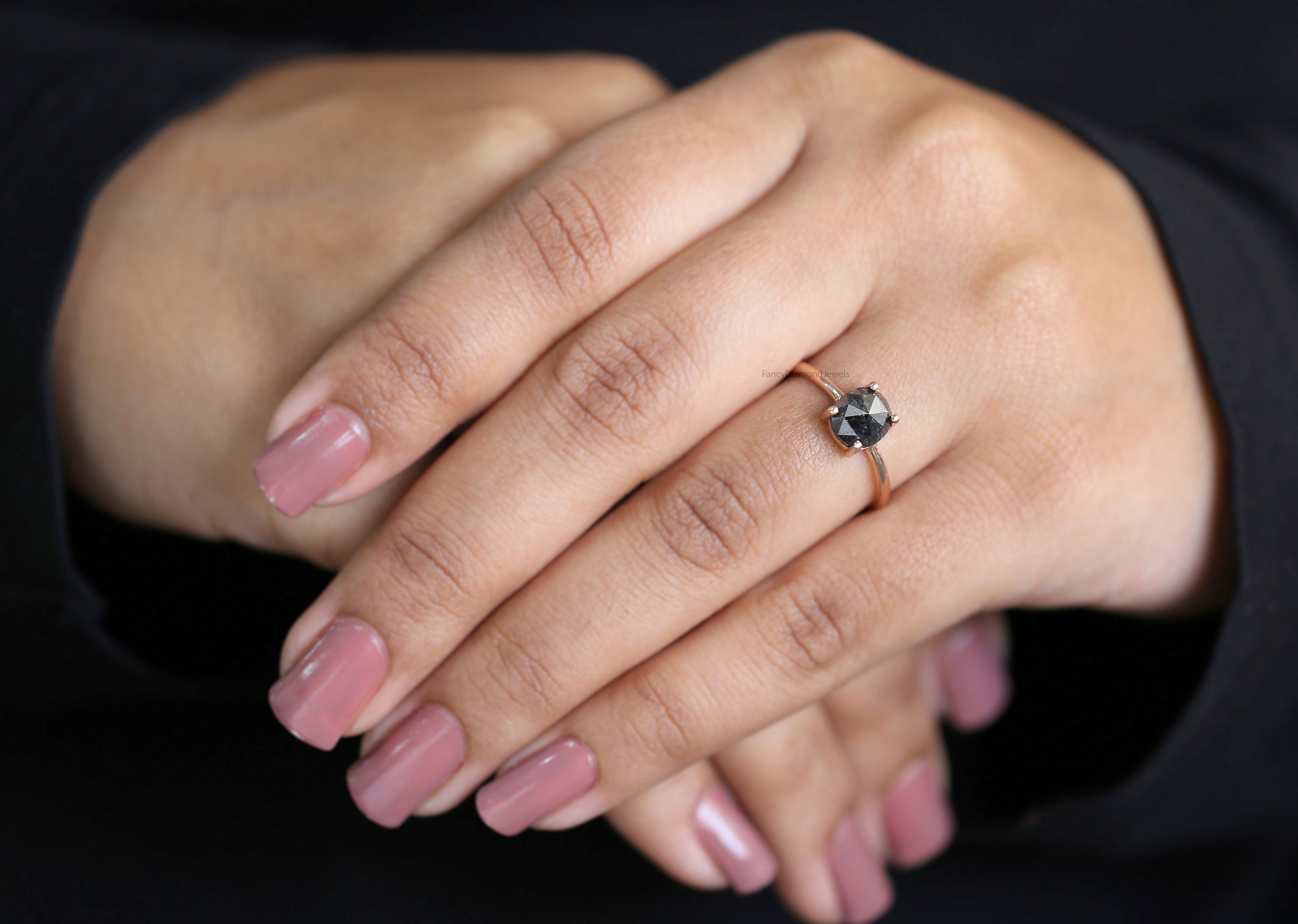 Oval Cut Salt And Pepper Diamond Ring 1.57 Ct 6.90 MM Oval Diamond Ring 14K Solid Rose Gold Silver Oval Engagement Ring Gift For Her QK1953