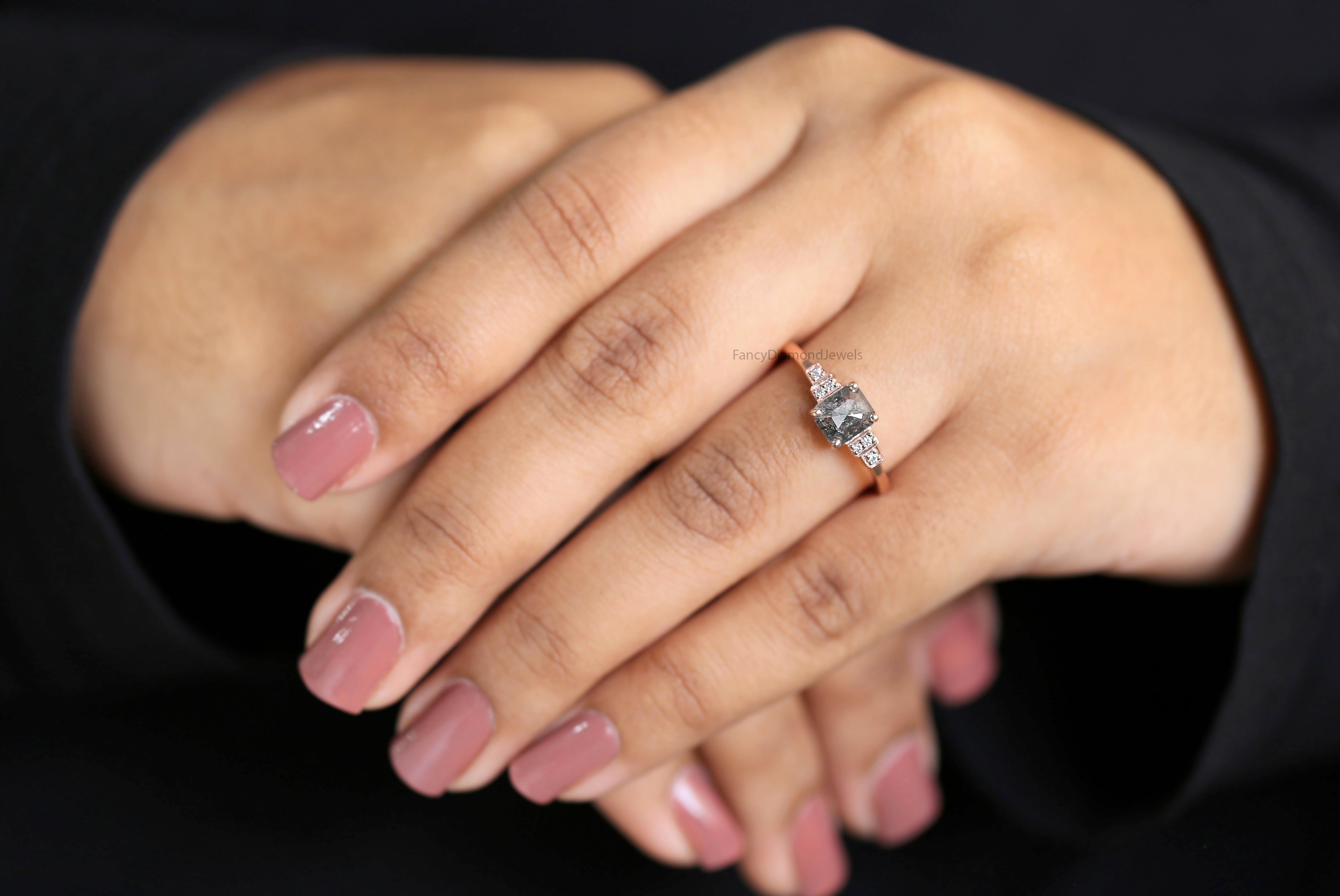Emerald Salt And Pepper Diamond Ring 0.96 Ct 6.25 MM Emerald Diamond Ring 14K Solid Rose Gold Silver Engagement Ring Gift For Her QL1205